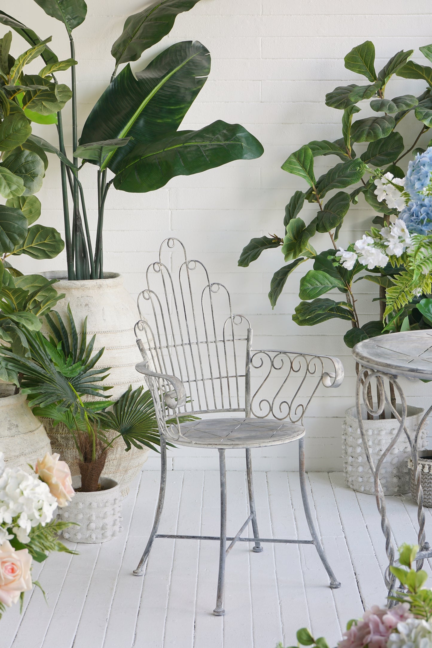 23x22x38" Distressed Silver Finish Iron Accent Chair, French Country Armchair, Outdoor Garden Seating