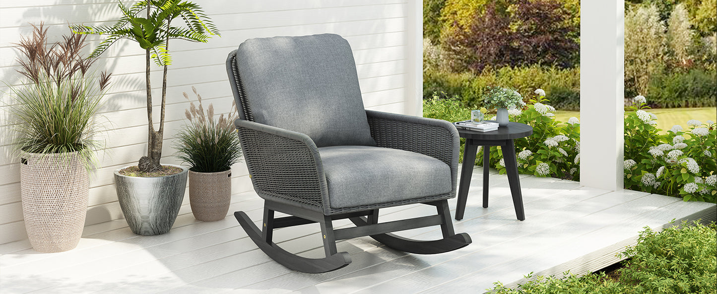 Contemporary Minimalist Gray Wicker Rocking Chair with Soft Polyester Cushions and Durable Wooden Frame, Perfect for Indoor and Outdoor Spaces like Patio, Balcony, or Living Room