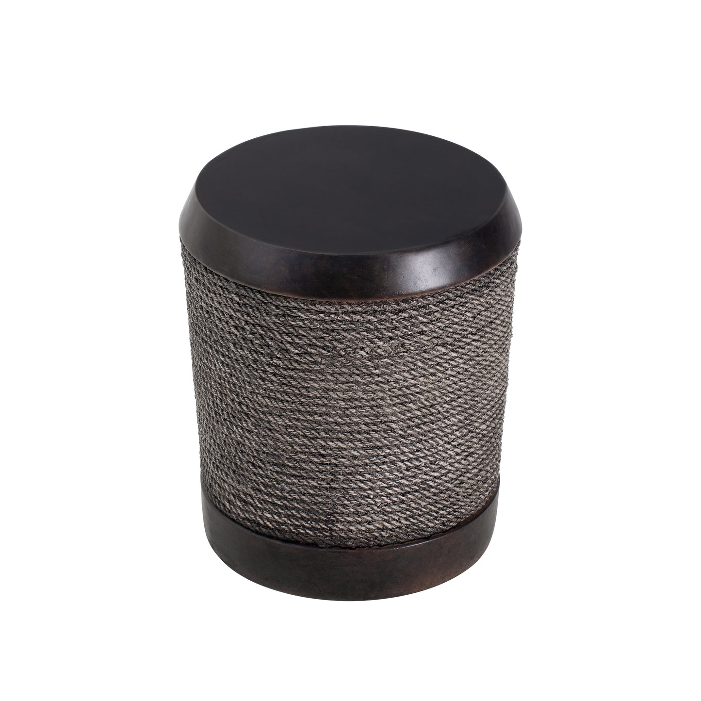 Outdoor Dark Brown Simulated Braided Cord MGO Side Table with Vintage Trim – Indoor Retro Cylindrical End Table for Home & Patio Decor