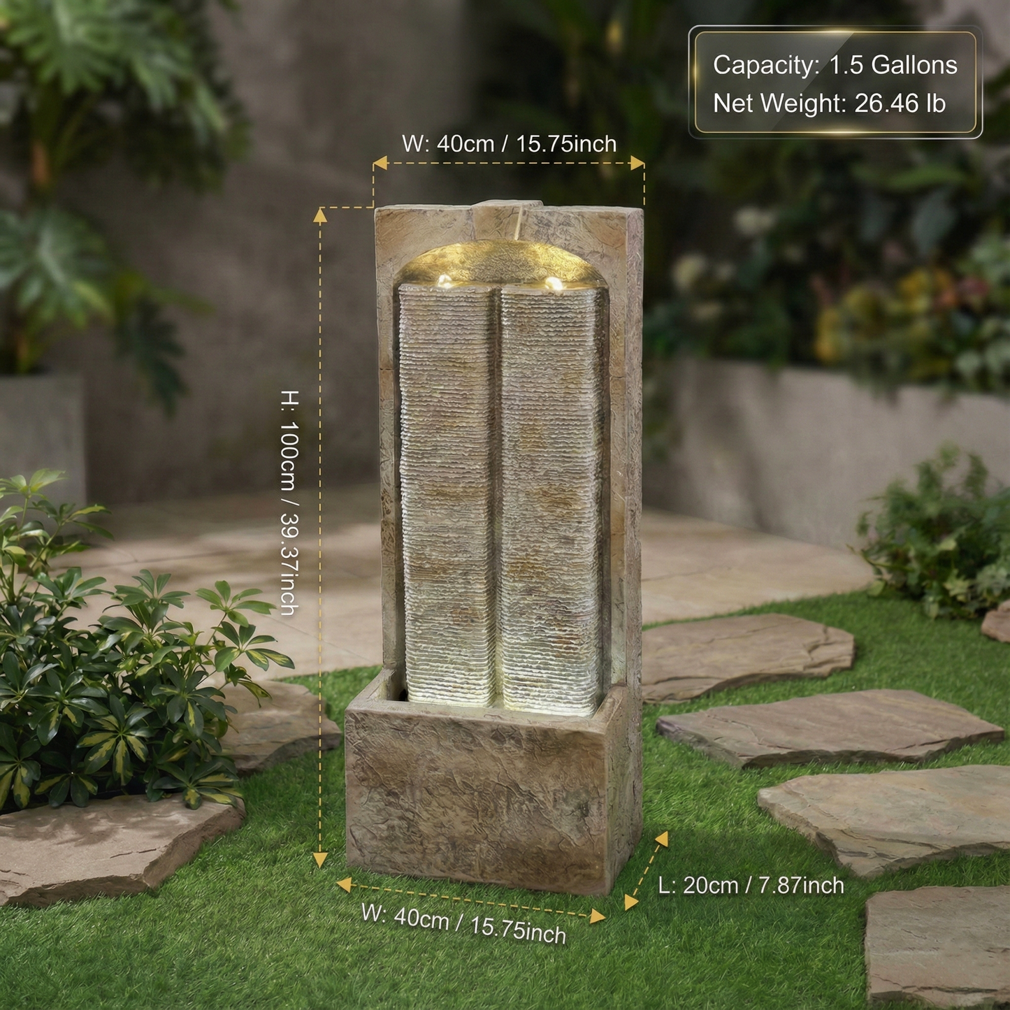 39 Inch Outdoor Water Fountain with Pump, Modern Cascading Freestanding Wall Fountain, Weather-Resistant Garden Water Feature with Warm White LED Lights, Outdoor Waterfall Fountain for Patio Porch Law