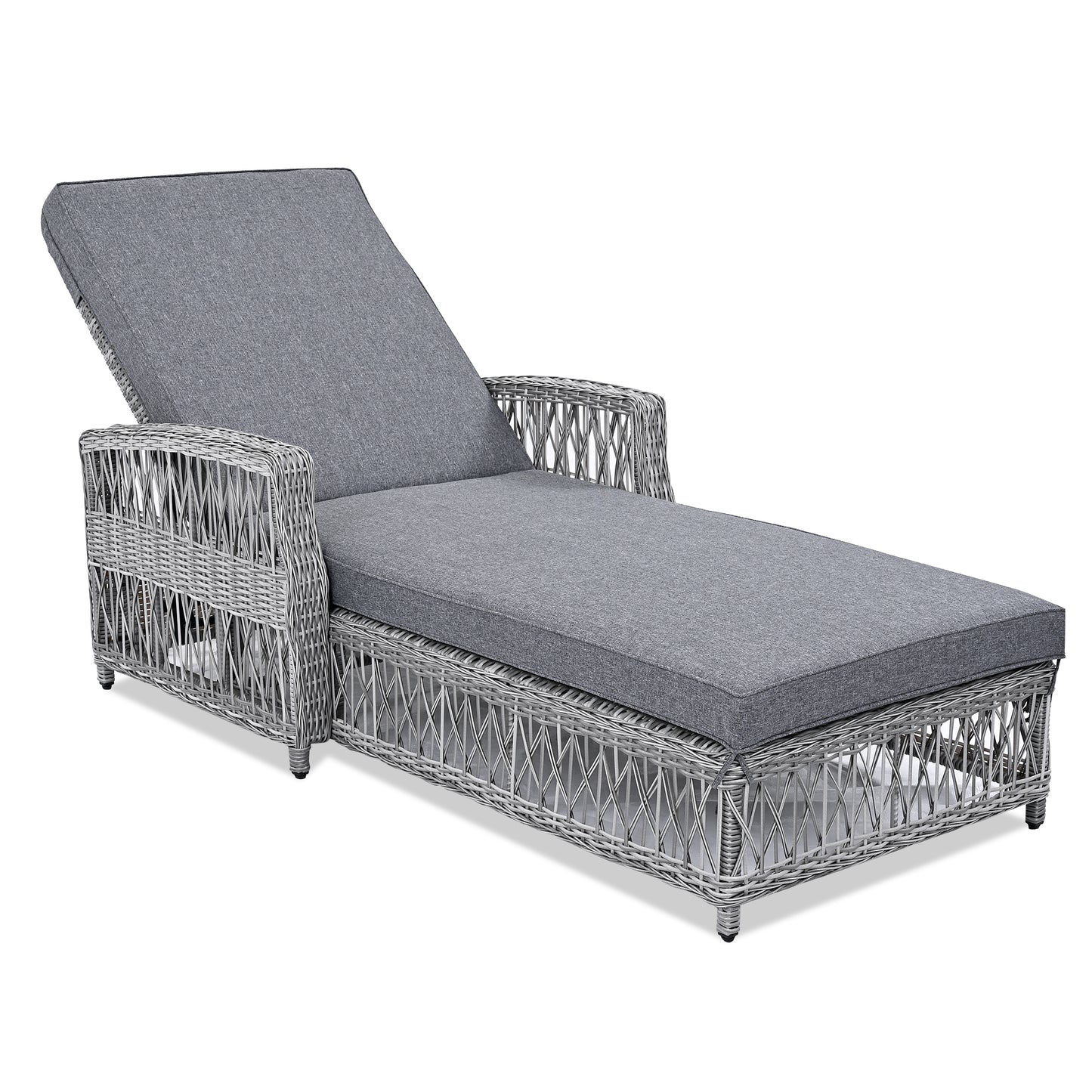 GO Outdoor Long Reclining Chaise, Wicker Lounge with Armrests, Patio Adjustable Recliner with Soft Removable Cushions, All Weather Rattan Pool Lounge for Poolside & Garden, Gray