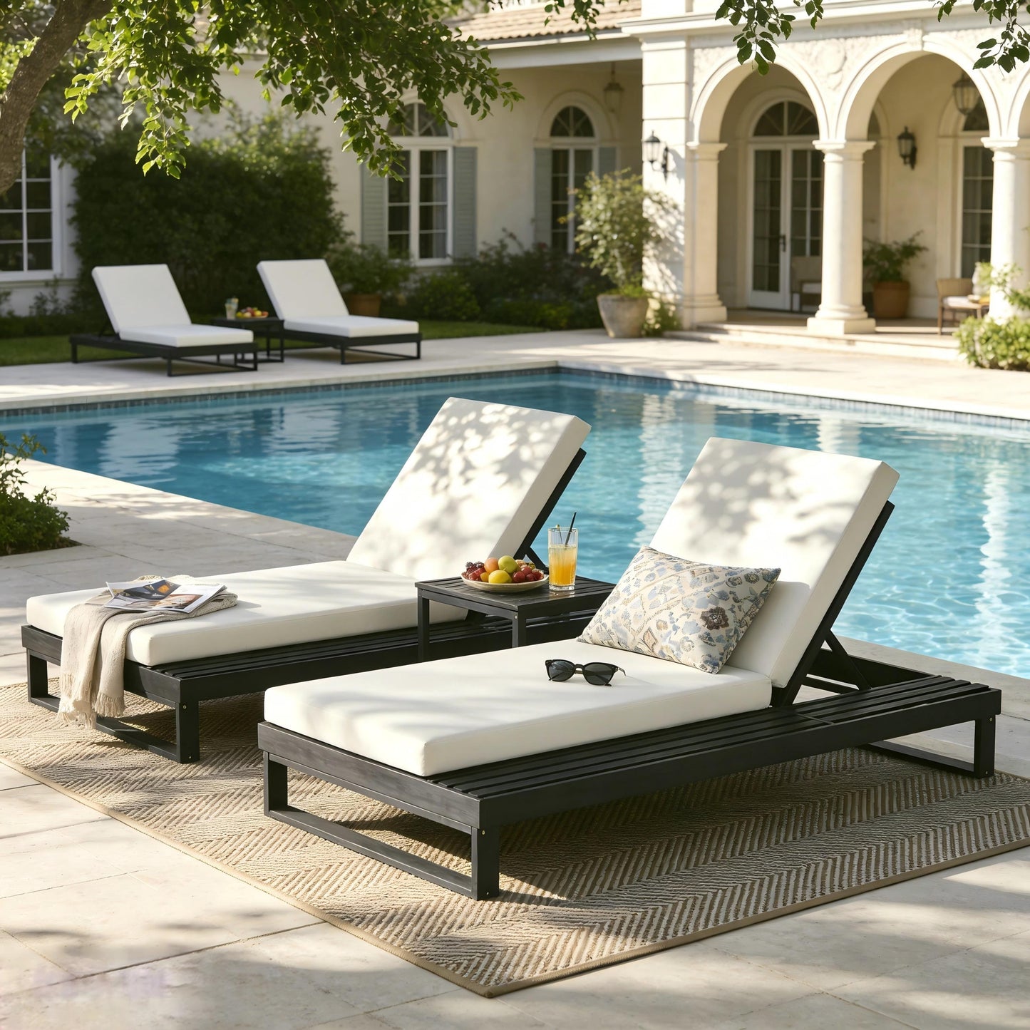 Black Acacia Wood Chaise Lounge with 4-Inch Cream 2-FoldCushion Set, 4-Position Adjustable Outdoor Patio Lounger with Flat Side Surface, for Poolside- Matching dark  grey version available