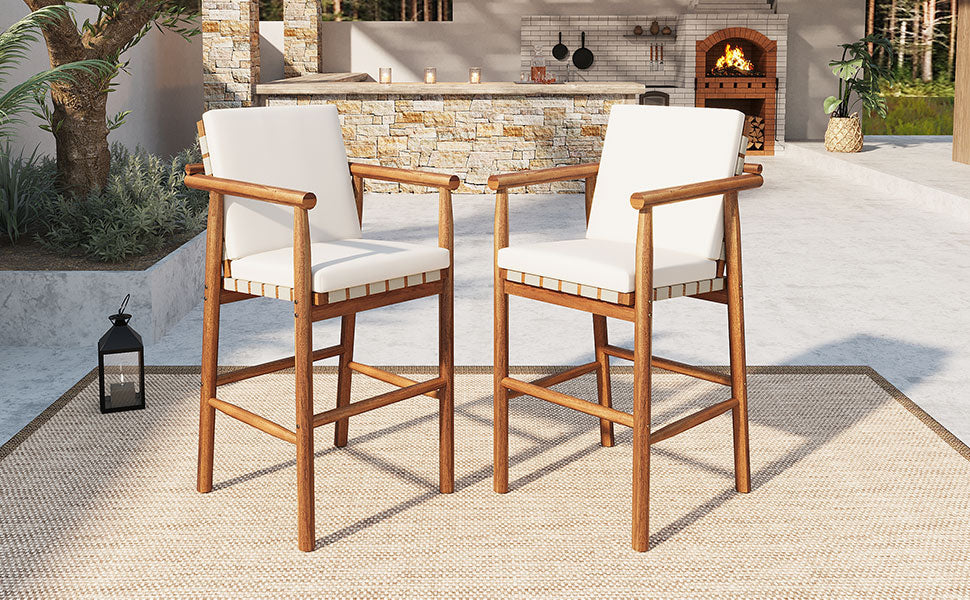 Outdoor Counter Height Bar Stools Chair Set of 2, Modern Patio Acacia Wooden Stools with Backrest Arm and Webbing Seat, for Patio, Pool, Garden, Beige Cushions Included