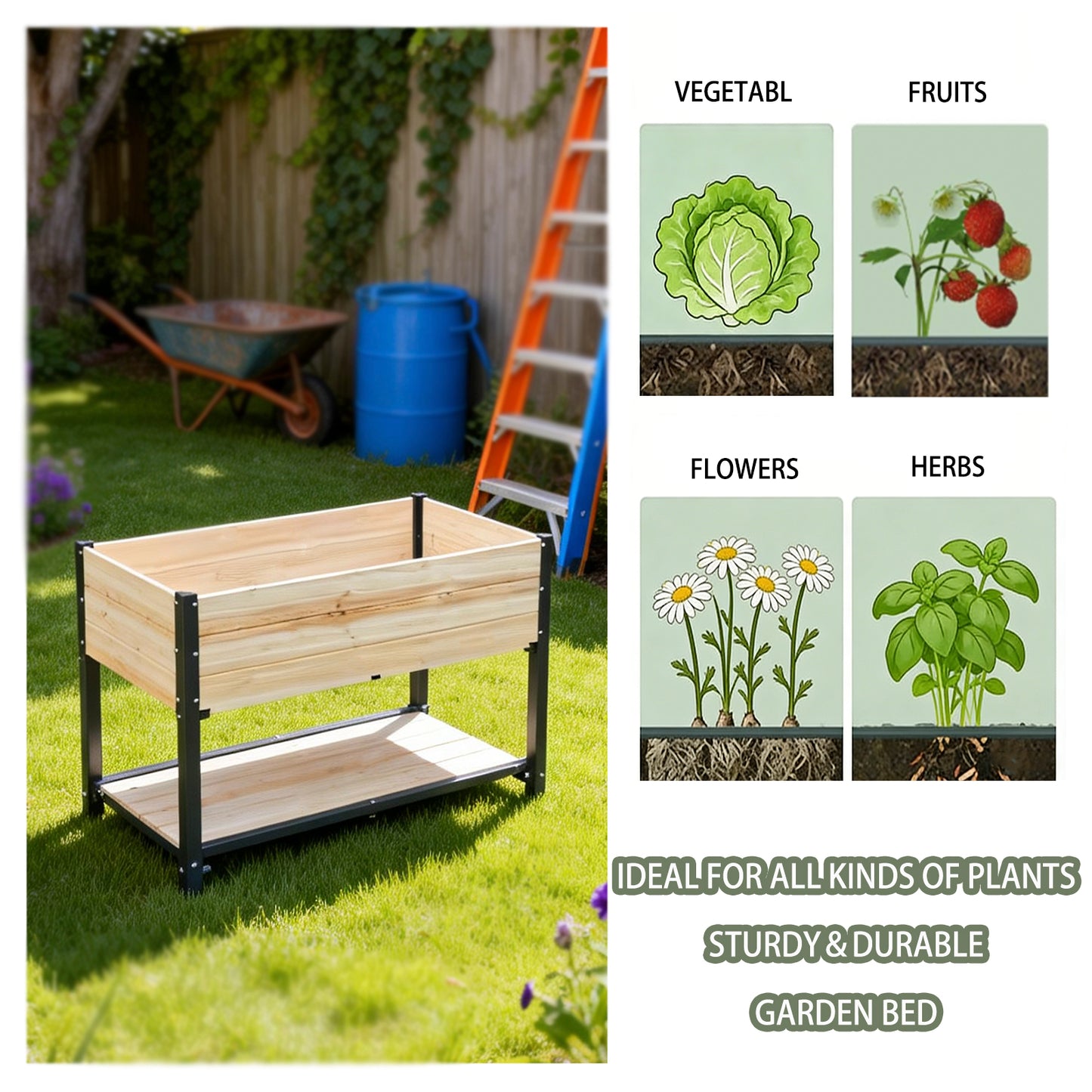 New style:     Solid Wood & Iron Frame Raised Garden Bed - Reversible & Replaceable Wood Panels, No Paint/Formaldehyde, DIY Planter Box for Vegetables, Fruits, Flowers