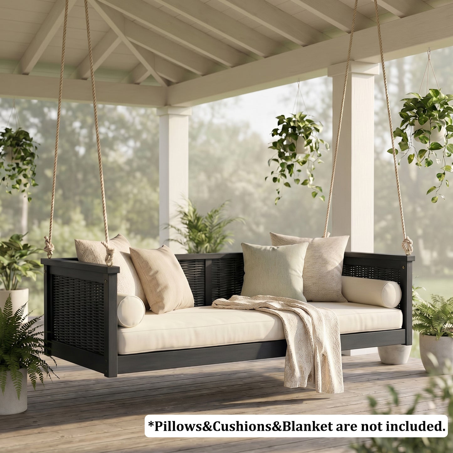 TOPMAX Outdoor Classic Solid Wood Twin Size Swing Bed,Garden Porch Rattan Swing Frame with Long Ropes for Poolside, Backyard, BLACK