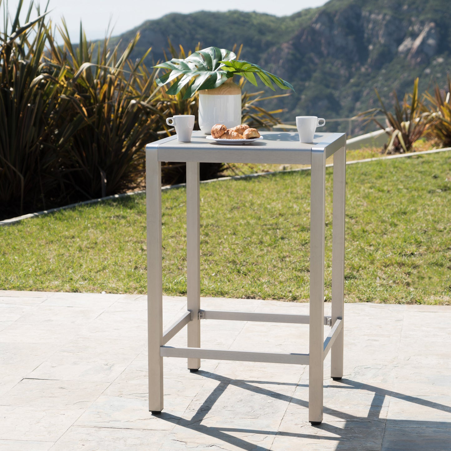 43" Outdoor Aluminum Frame Bar Table with Glass Table Top, Grey Finish
