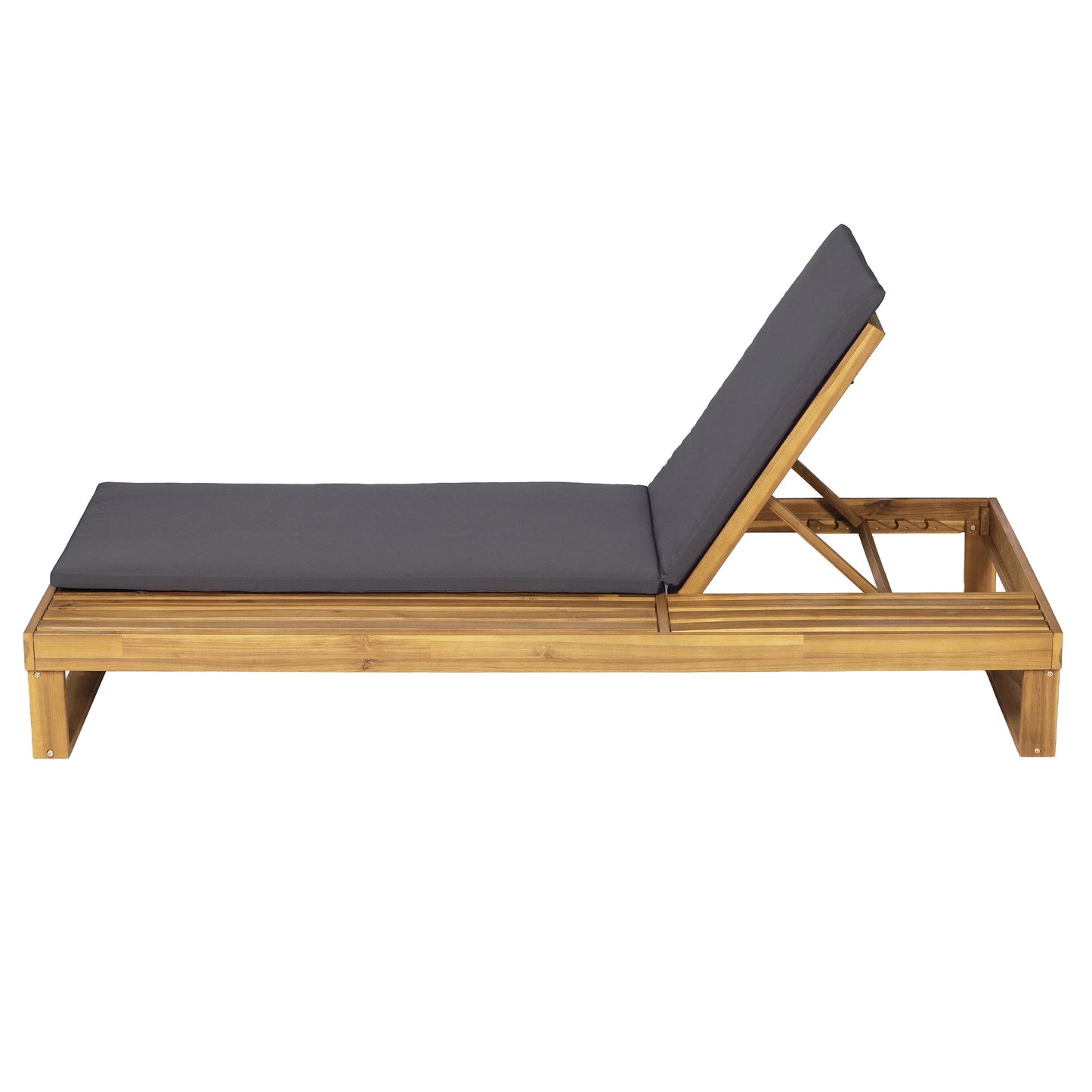 Teak Finish Acacia Wood Chaise Lounge with 1.57-Inch Dark Gray 2-Fold Cushion Set, 4-Position Adjustable with Flat Side Surface, for Poolside - Matching cream,leaf coconut version available