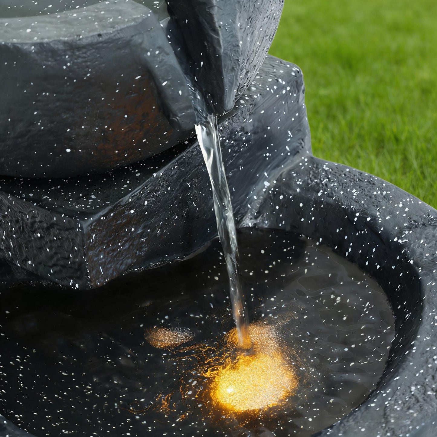 29-Inch Terrazzo Style LED Outdoor Indoor Water Fountain with Cascading Bowls & Stacked Stones – 4-Tier Ideal Waterfalls for Gardens, Patios to Create a Serene Retreat in Outdoor Living Areas
