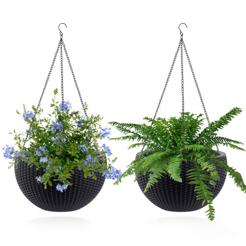 Black Resin Hanging Basket, Hanging Flower Basket Planter Pots, Hanging Planters for Indoor Outdoor Plants, 2-Pack