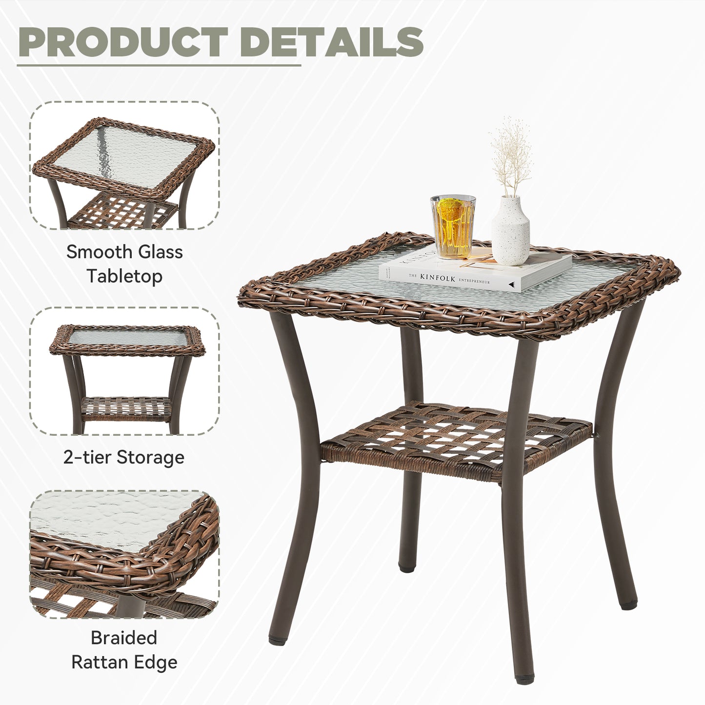 Outdoor Wicker Side Table,20x20x20 inch All Weather Rattan Small Patio Table Square End Table for Pool Balcony Deck Porch, Brown