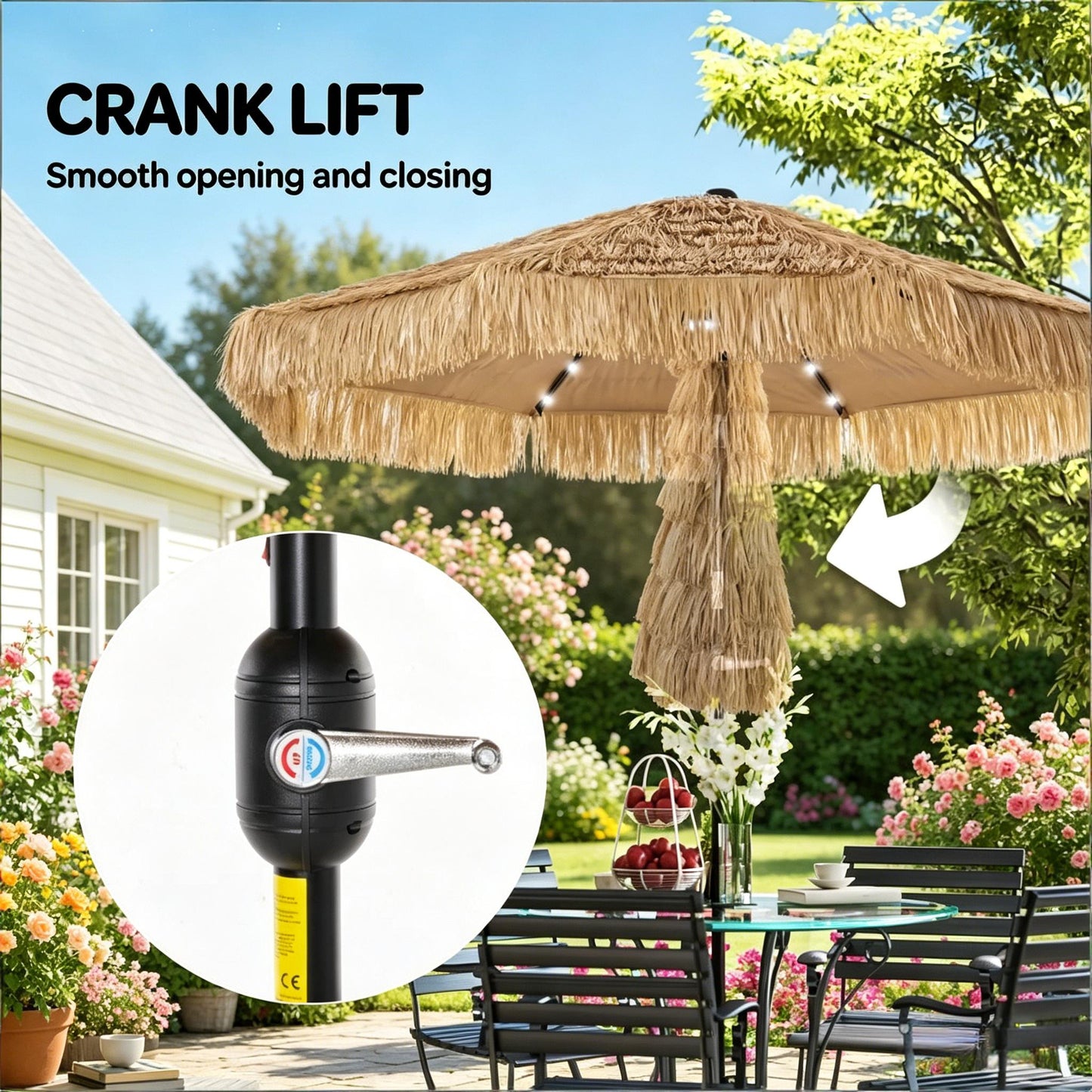 Straw Tassel Design Garden Umbrella,Hawaiian Style Outdoor Umbrella,Patio Umbrella with Solar Powered LED Light(Only Umbrella)