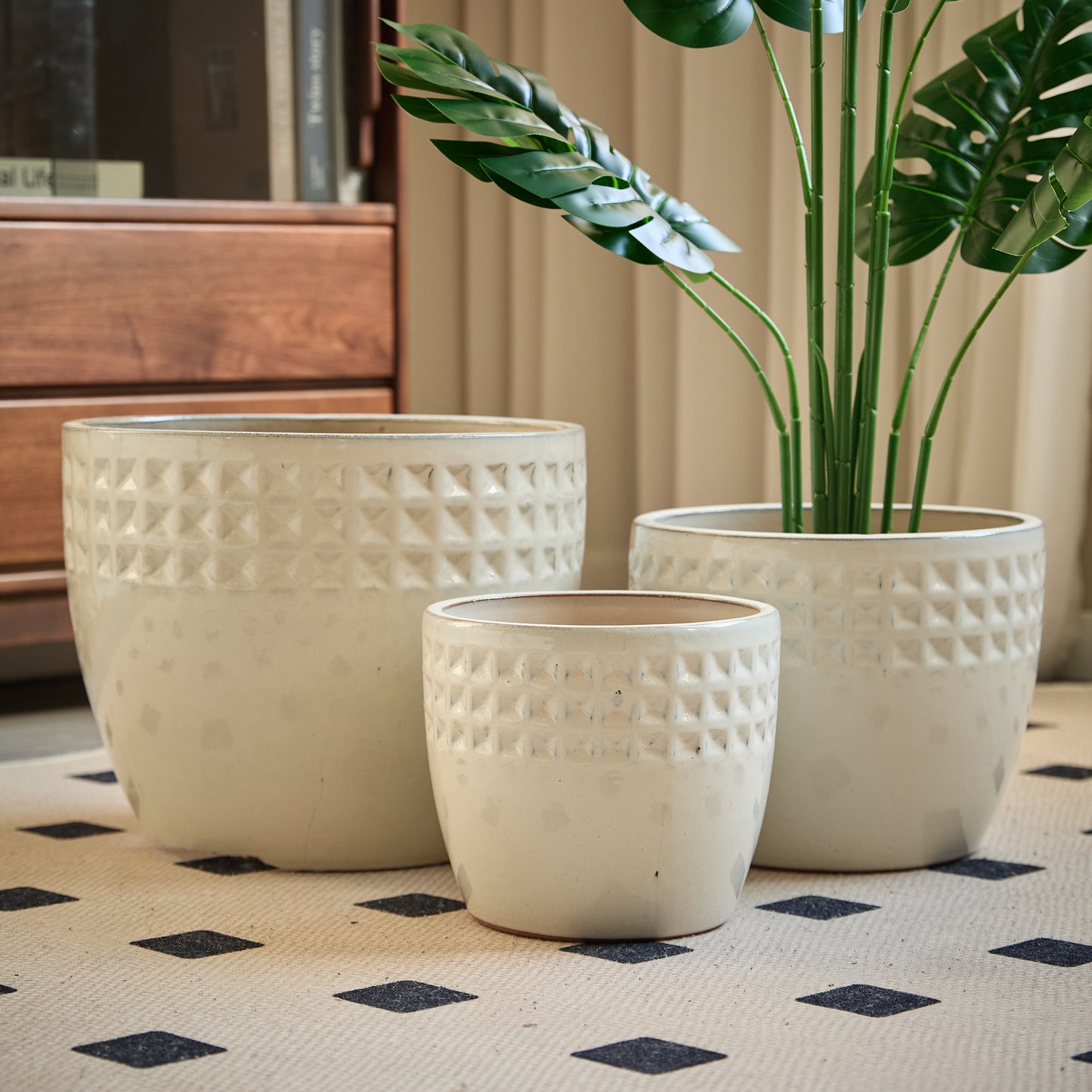 Handmade Ceramic Flower Pot Set of 3, 15/12/9 Inch Diameter, White Diamond Pattern, for Succulents Indoor/Outdoor Use on Windowsill & Bookshelf, Breathable Clay