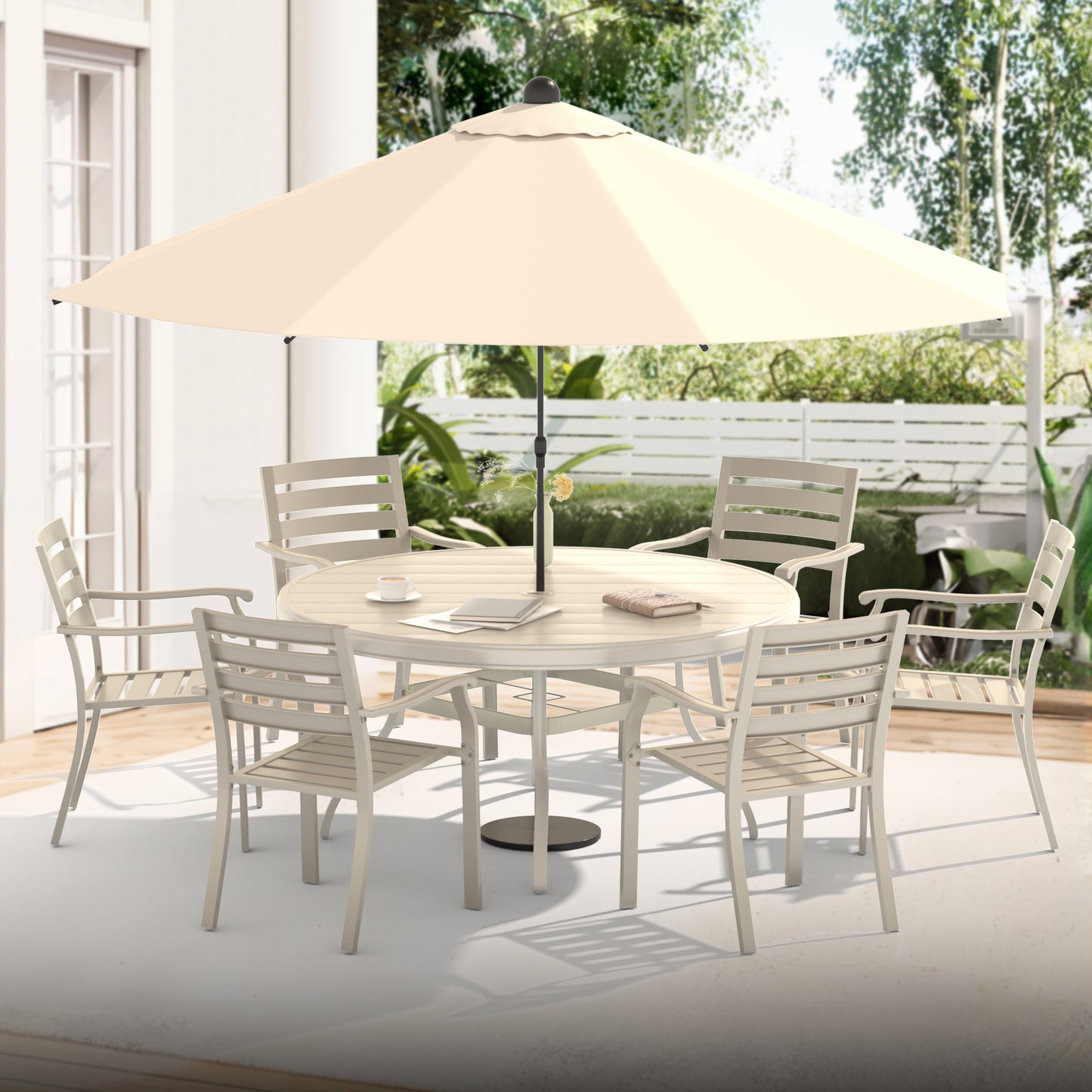 VRSHWO"Outdoor Round Patio Dining Table for 4-6, All Weather Metal Dining Table with Umbrella Hole for Deck Lawn Garden Backyard, Sandstone Color