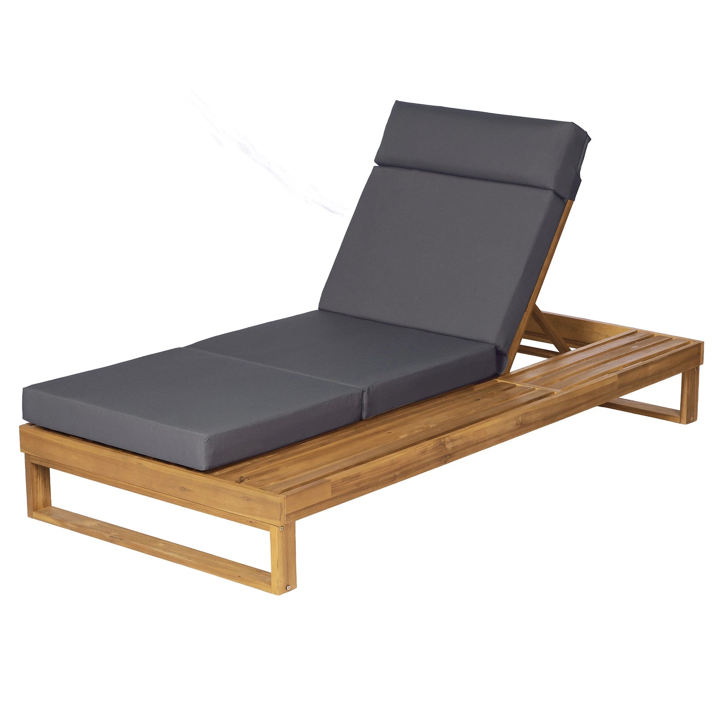 Teak Finish Acacia Wood Chaise Lounge with 4-Inch Dark Gray 4-Fold Cushion Set, Adjustable Outdoor Patio Lounger with Flat Side Surface, for Poolside- Matching cream,beige version available