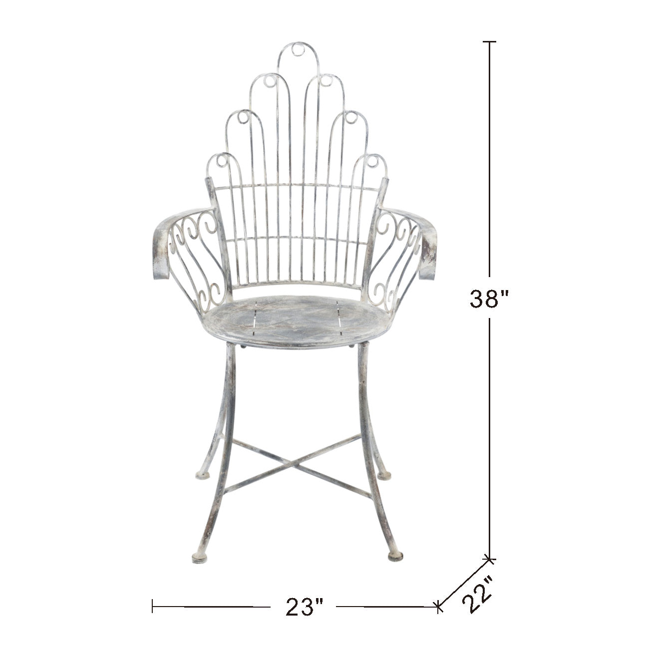 23x22x38" Distressed Silver Finish Iron Accent Chair, French Country Armchair, Outdoor Garden Seating