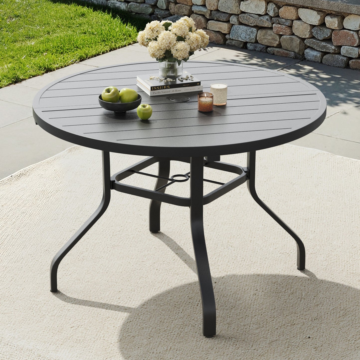 Round Outdoor Dining Table, 41" Round Patio Table Wood-Like Grain with 1.57" Umbrella Hole, Metal Outdoor Dining Tables for Backyard and Poolside