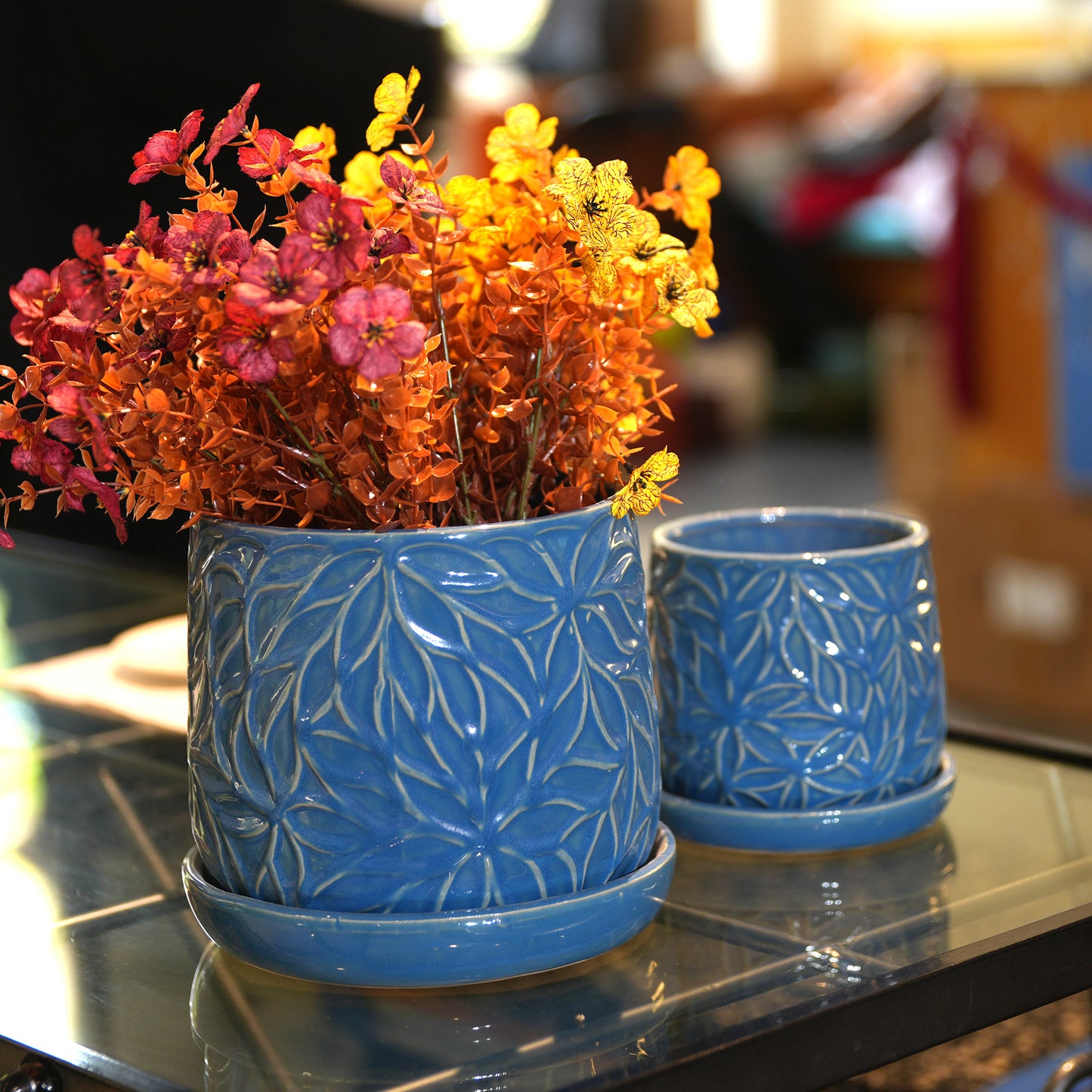 Handmade Ceramic Planter Set of 2, 6" & 8" Diameter, Deep Blue with Leaf Pattern, for Succulents & Herbs Indoor/Outdoor Shelf & Table Use, Breathable Clay with Saucers