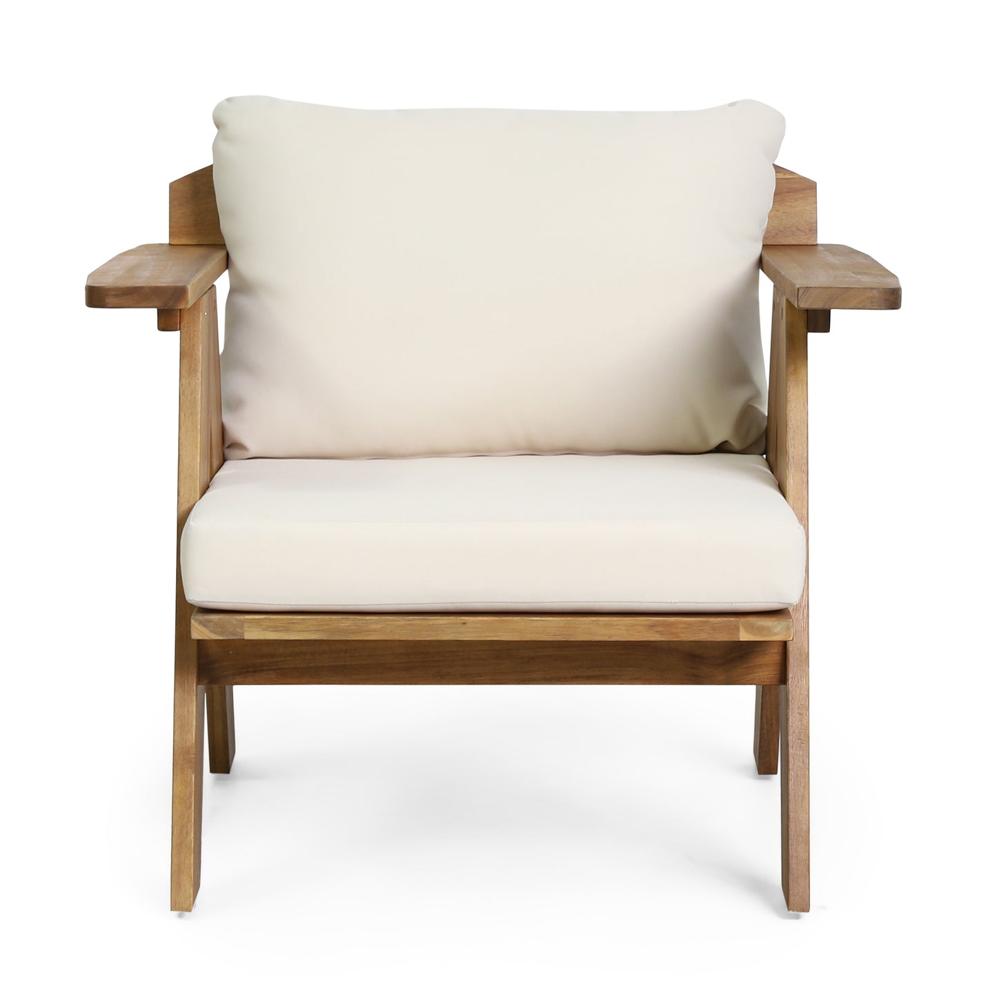Outdoor Acacia Wood Club Chairs with Cushions (Set of 2), Teak Finish+ Beige, 30.75" W x 30.25" D x 26.00" H