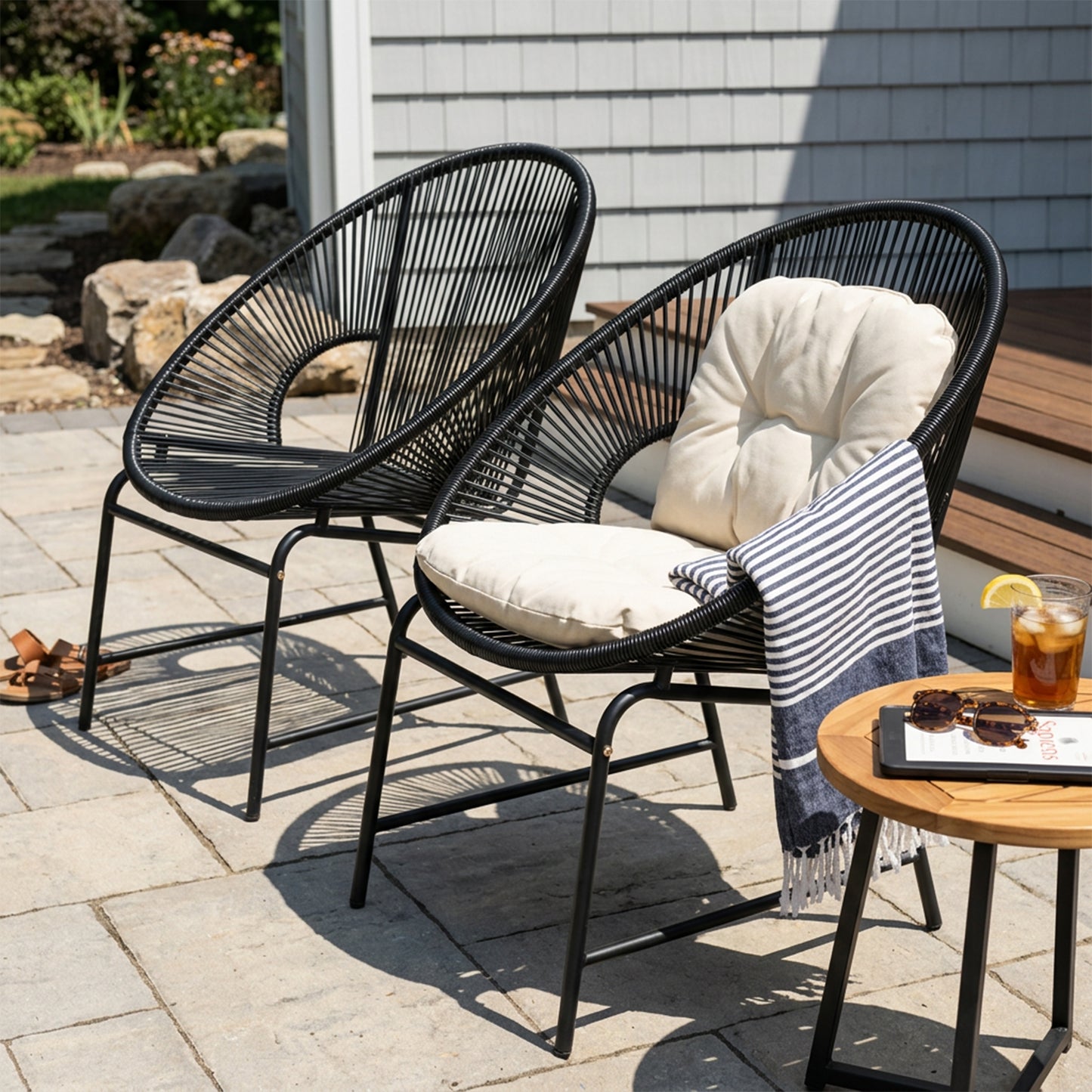 NUSA OUTDOOR PATIO WICKER CHAIR, BLACK PE RATTAN & IRON FRAME, SET OF 2
