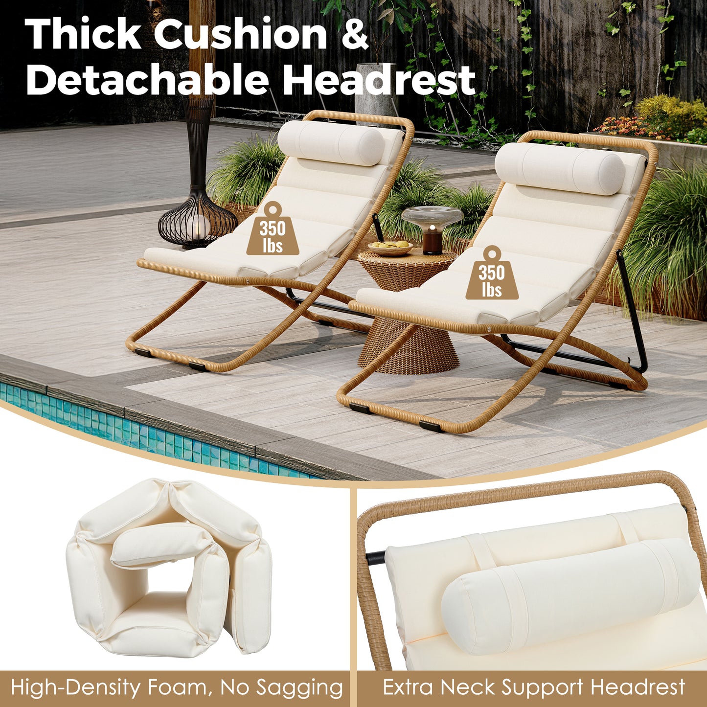 TREXM 2-Pieces Outdoor Folding Chair, Rattan-Wrapped Patio Chair with Adjustable Backrest, Thick Cushion, and Detachable Headrest ,for the Poolside, Beach, Backyard, Decck, and Camping (Yellow)