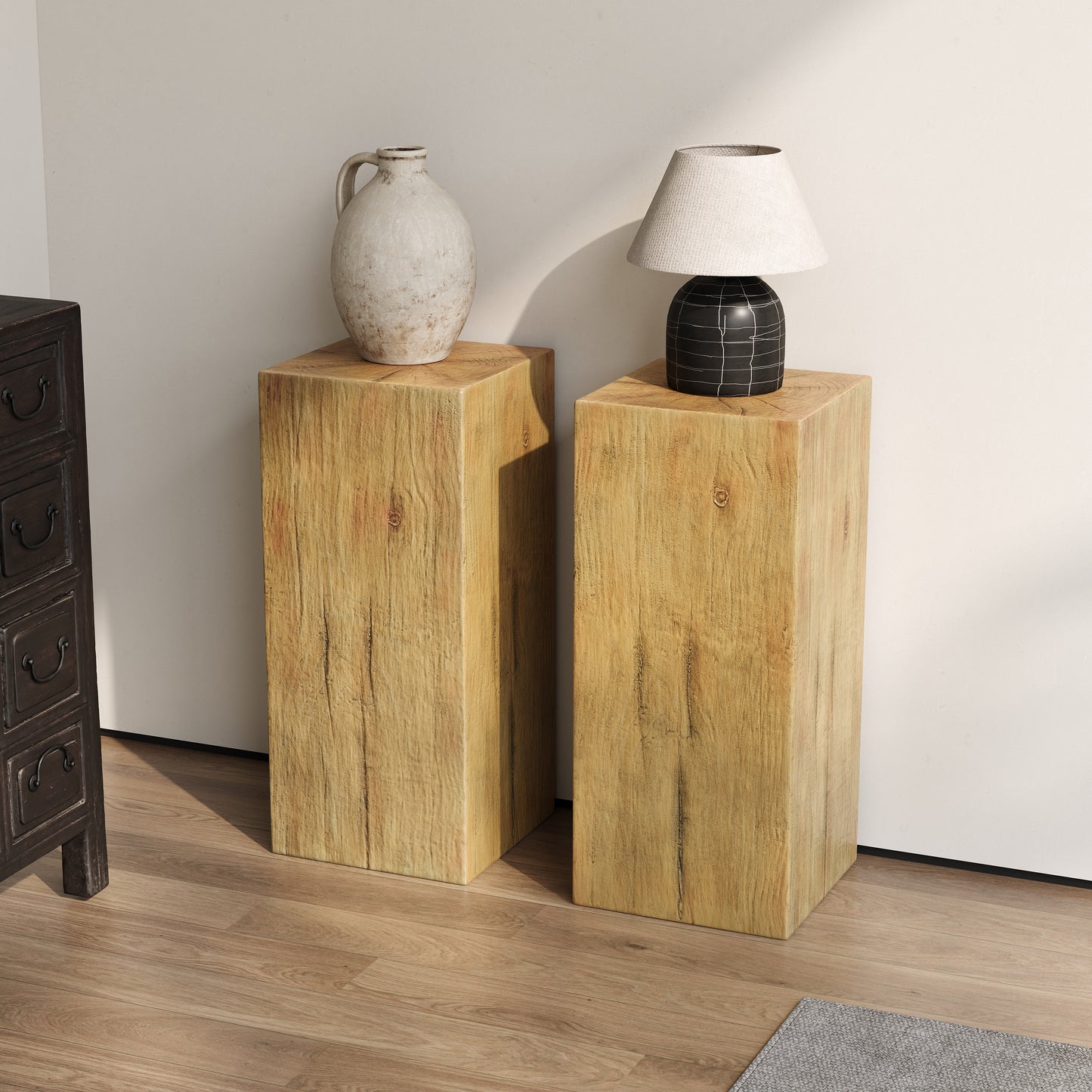 Wood-Look Square-Column MGO End Table,  H33.75",Wood-Like Distressed Finish, Mix with Different Heights, Indoor Outdoor Use,Natural Color