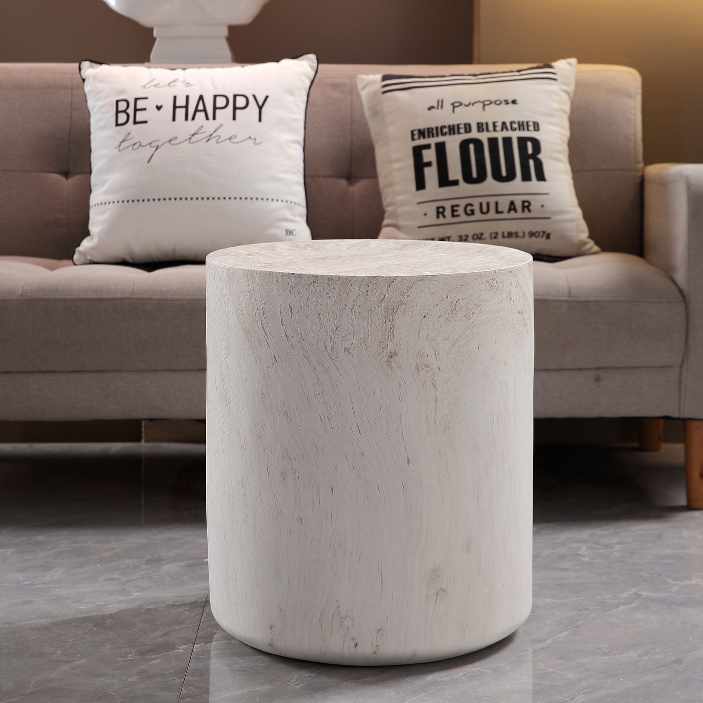 Light Travertine Finish Magnesium Oxide Drum Side Table   15.75" Diameter Round End Table