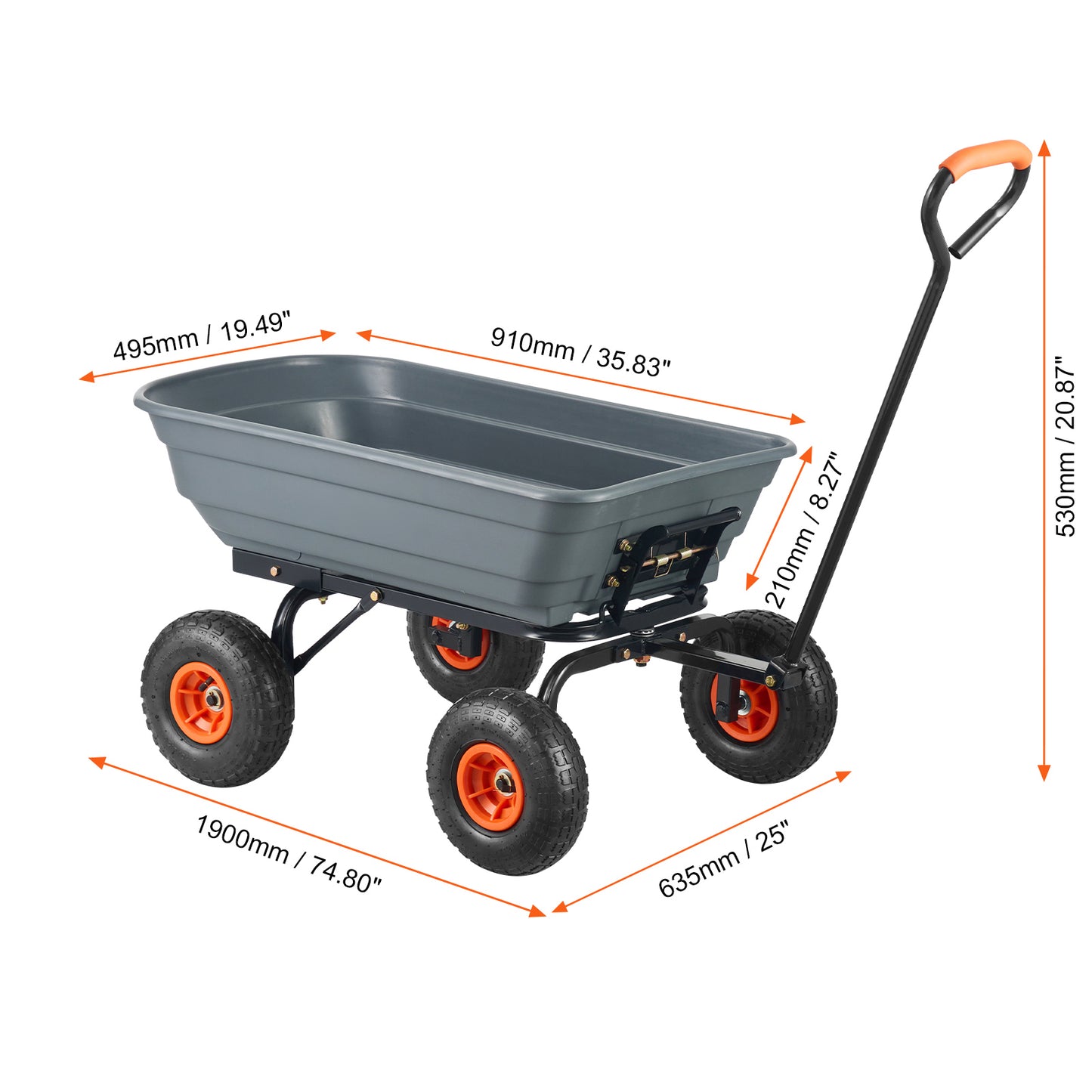 Dump Cart, Poly Garden Dump Cart with Easy to Assemble Steel Frame, Dump Wagon with 2-in-1 Convertible Handle, Utility Wheelbarrow 600 lbs Capacity, 10 inch Tires