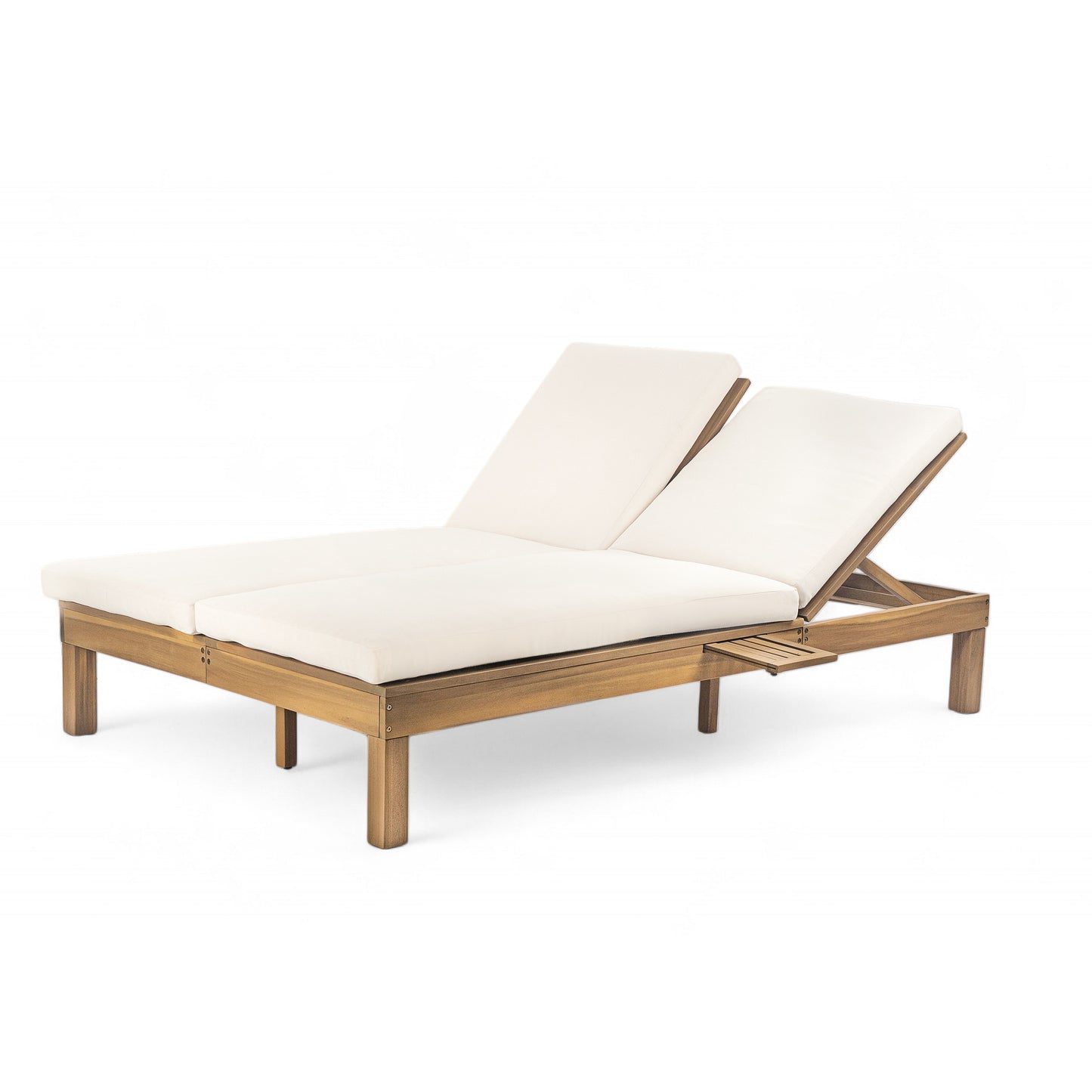 TREXM 5-Position Adjustable Backrest Double Chaise Lounge Outdoor, Outdoor Chaise Lounge with Cushion and Folding Side Trays for 2 People, Patio Double Chaise Lounge for Poolside Garden, Light Teak