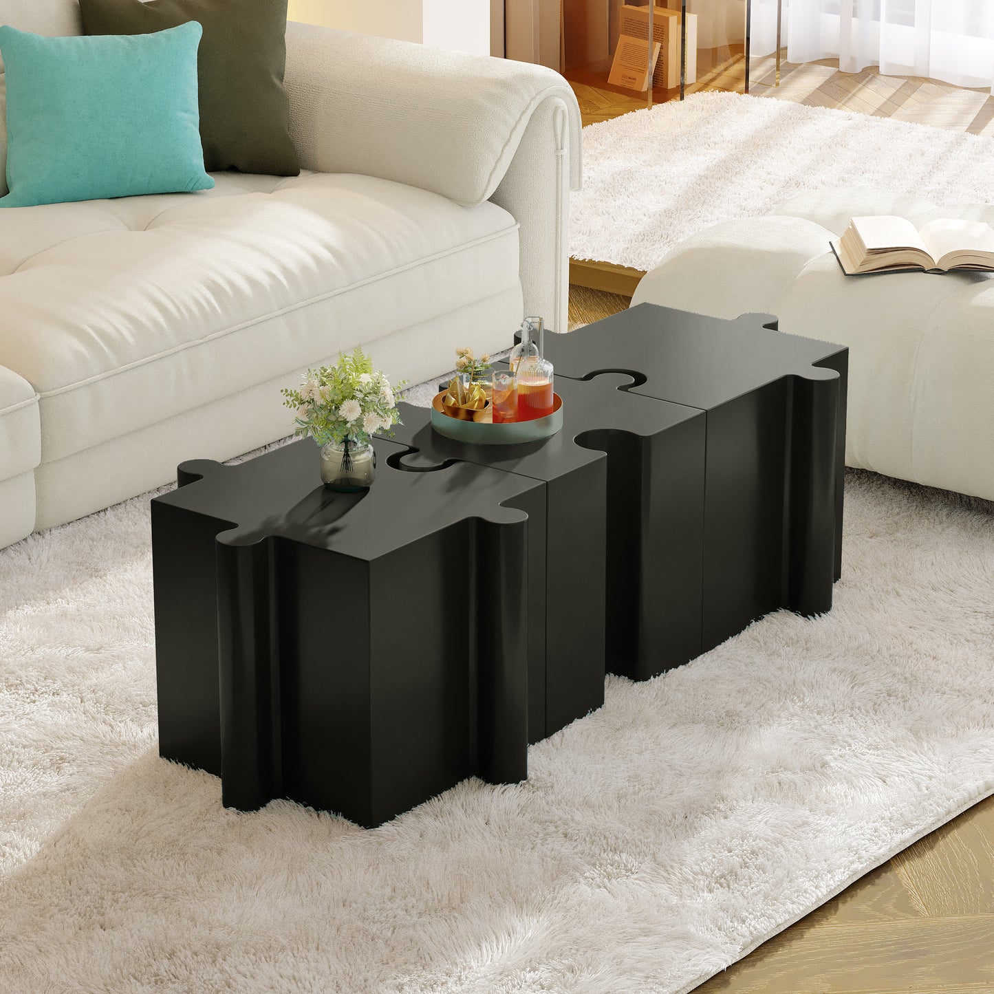 3-Piece Artistic Puzzle Table Set,Modular MGO Side Tables with Interlocking Design (2 Convex & 1 Concave), 200lb Capacity for Indoor & Outdoor,Black Color
