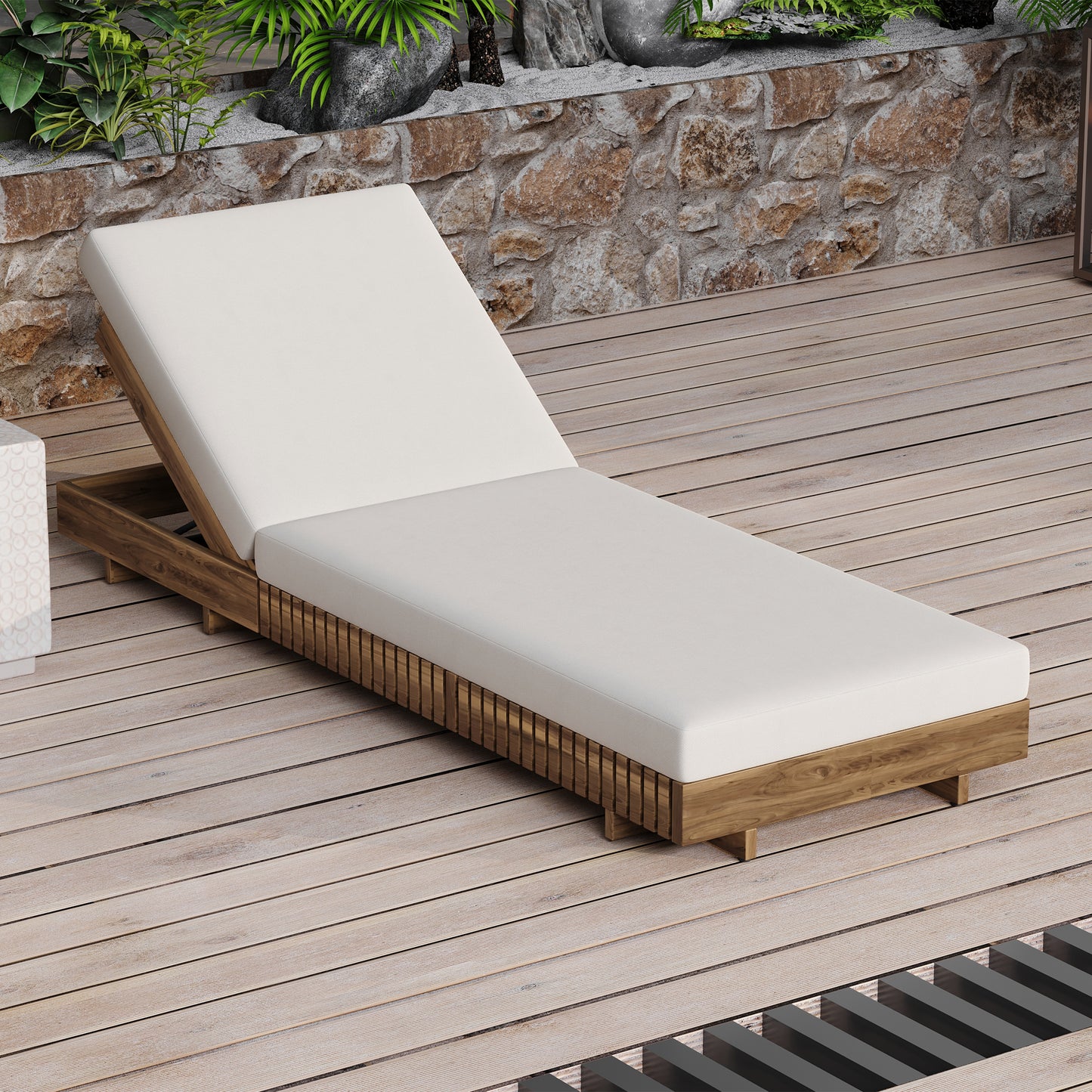 LOUNGE CHAISE SET, ACACIA SOLID WOOD WITH  LOUNGE CUSHION (Cream) - Matching Dark Grey Version Available