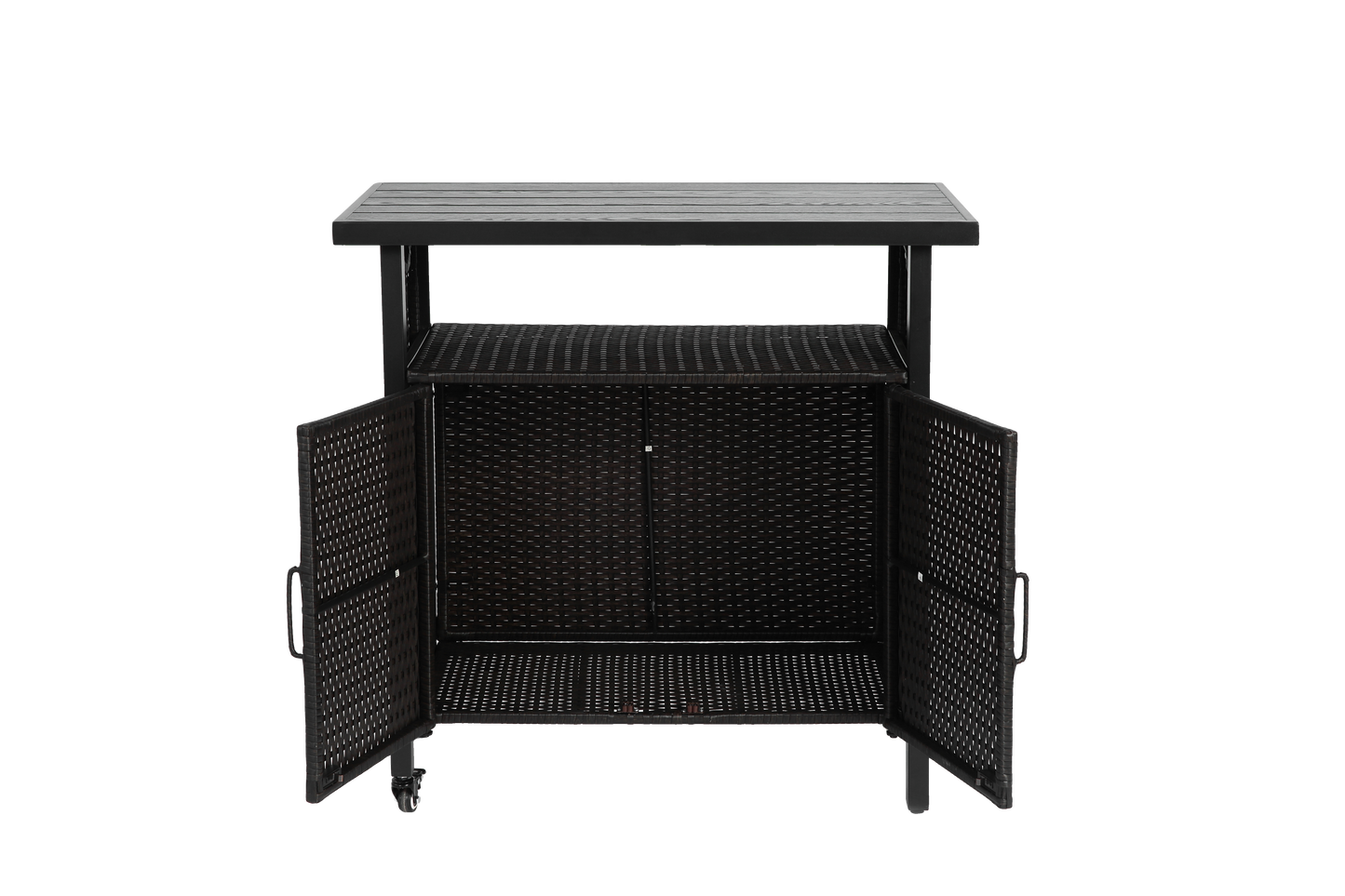 Outdoor Wicker Bar Cart, Patio Wine Serving Cart w/Wheels , Rolling Rattan Beverage Bar Counter Table for Porch Backyard Garden Poolside Party, Black