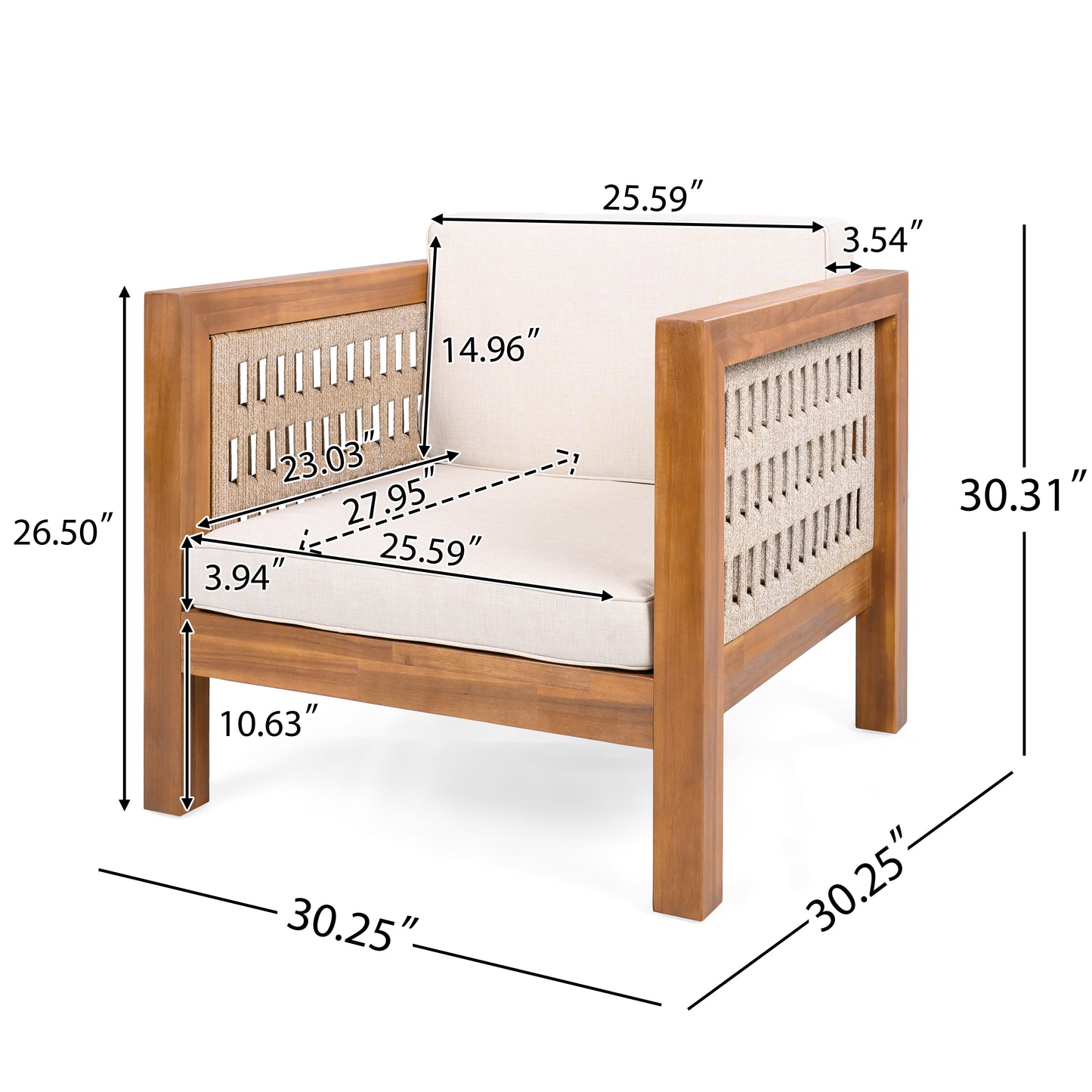 Acacia Wood Outdoor Club Chair  with Beige Rope Arm and Beige Cushions,400 lbs Capacity