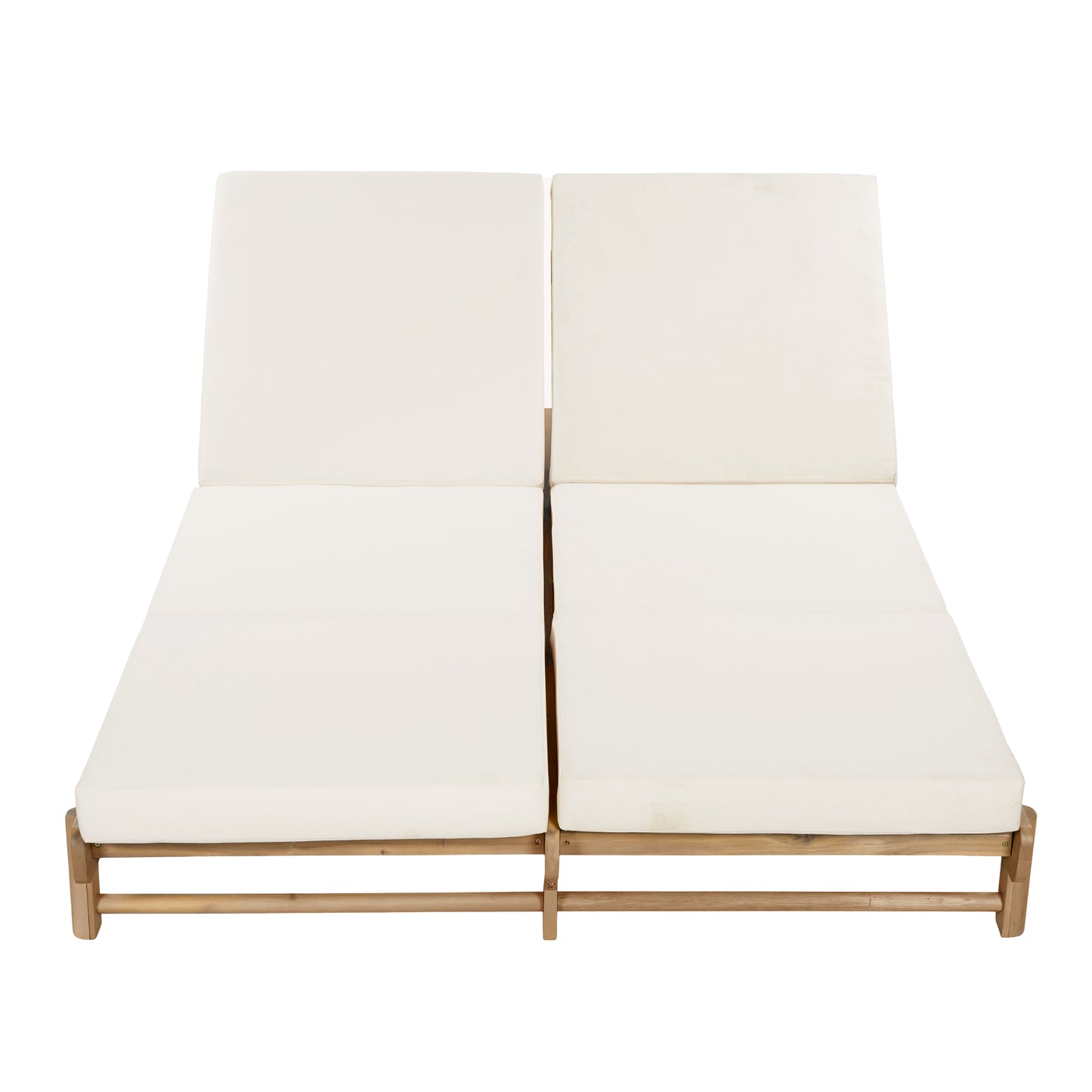 Light Teak Acacia Wood Double Chaise Lounger Set: 1 Frame + 2 Cream Cushions, 800 lbs Capacity, 3-Position Adjustable Backrest, 4" Thick 3-Fold Water-Resistant Cushions for Patio Poolside Backyard