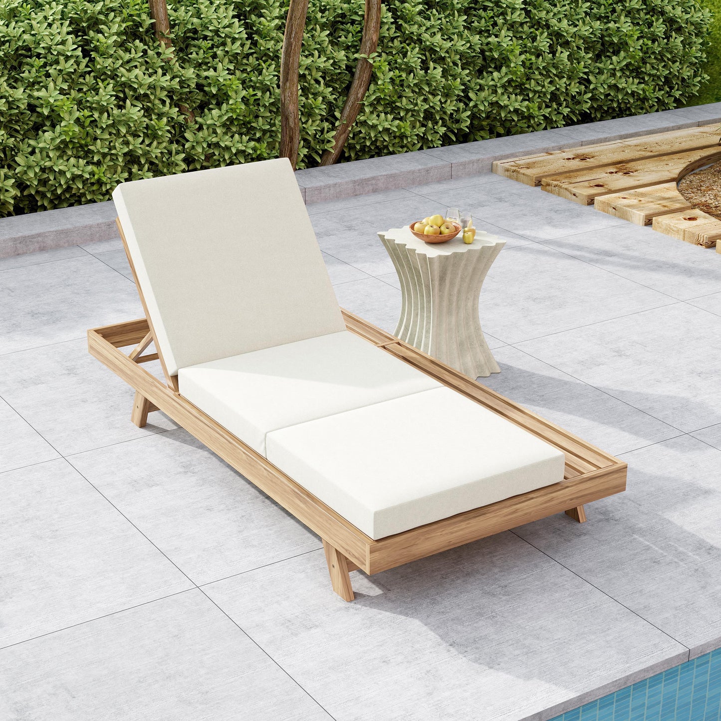 Lounge Chaise Set, Space Available On One Side, Acacia Solid Wood In light brown With Lounge Cushion (Cream & Triple Fold) – Matching Dark Grey Version Available
