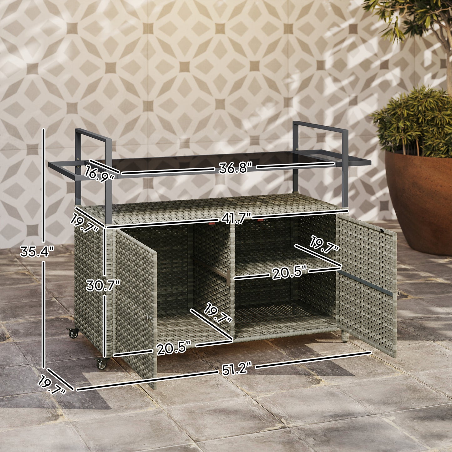 Outsunny Wicker Outdoor Bar Table with 2-Tier Shelf & Cabinet, Mixed Gray