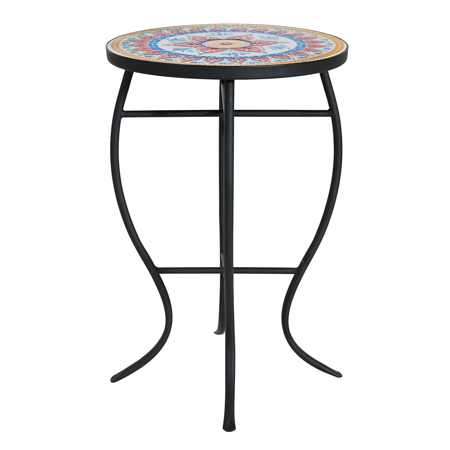 Outdoor Round Side Table with Mosaic-Style Top and Curved Iron Legs, Red and Matte Black