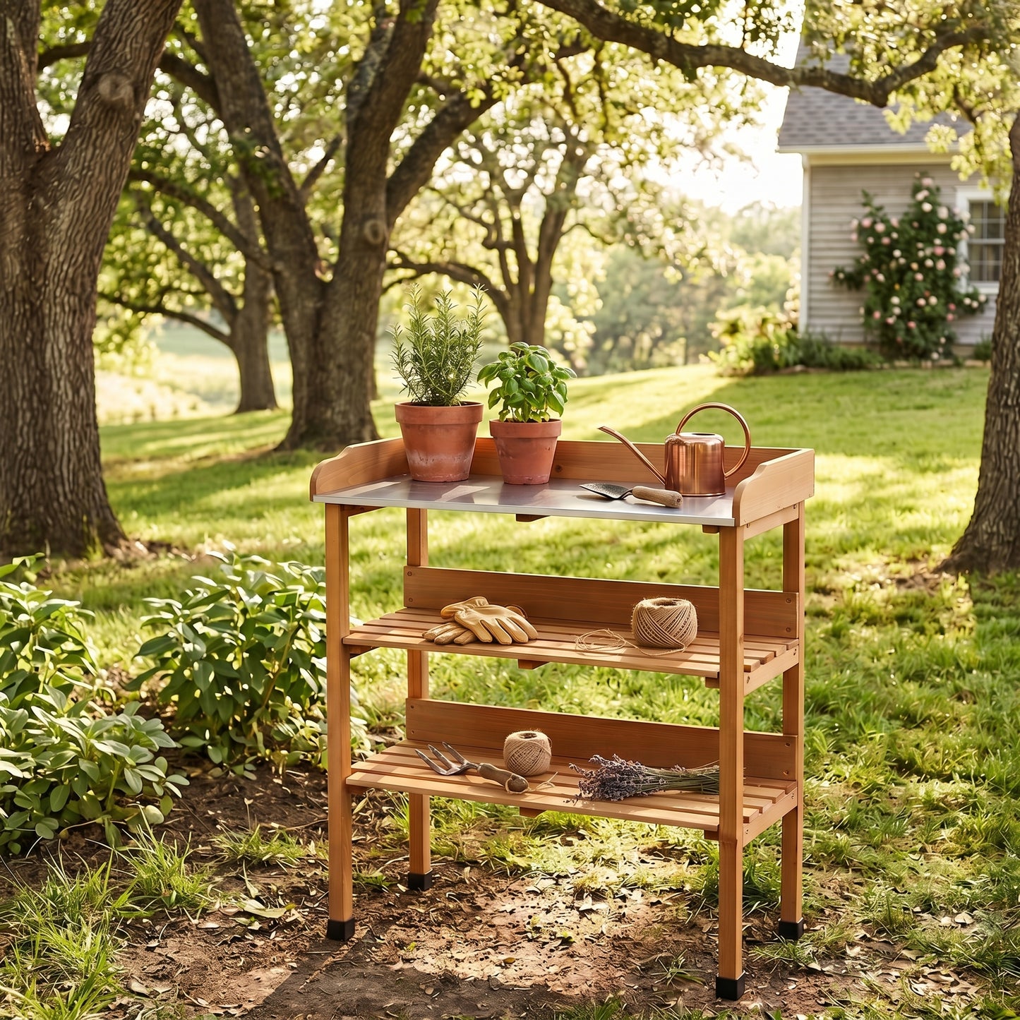 30″x14.5″×35.5″ Potting Table w/Metal Tabletop, 3 Layers Outdoor Work Bench w/Hook for Garden, Solid Wood Workstation for Garage