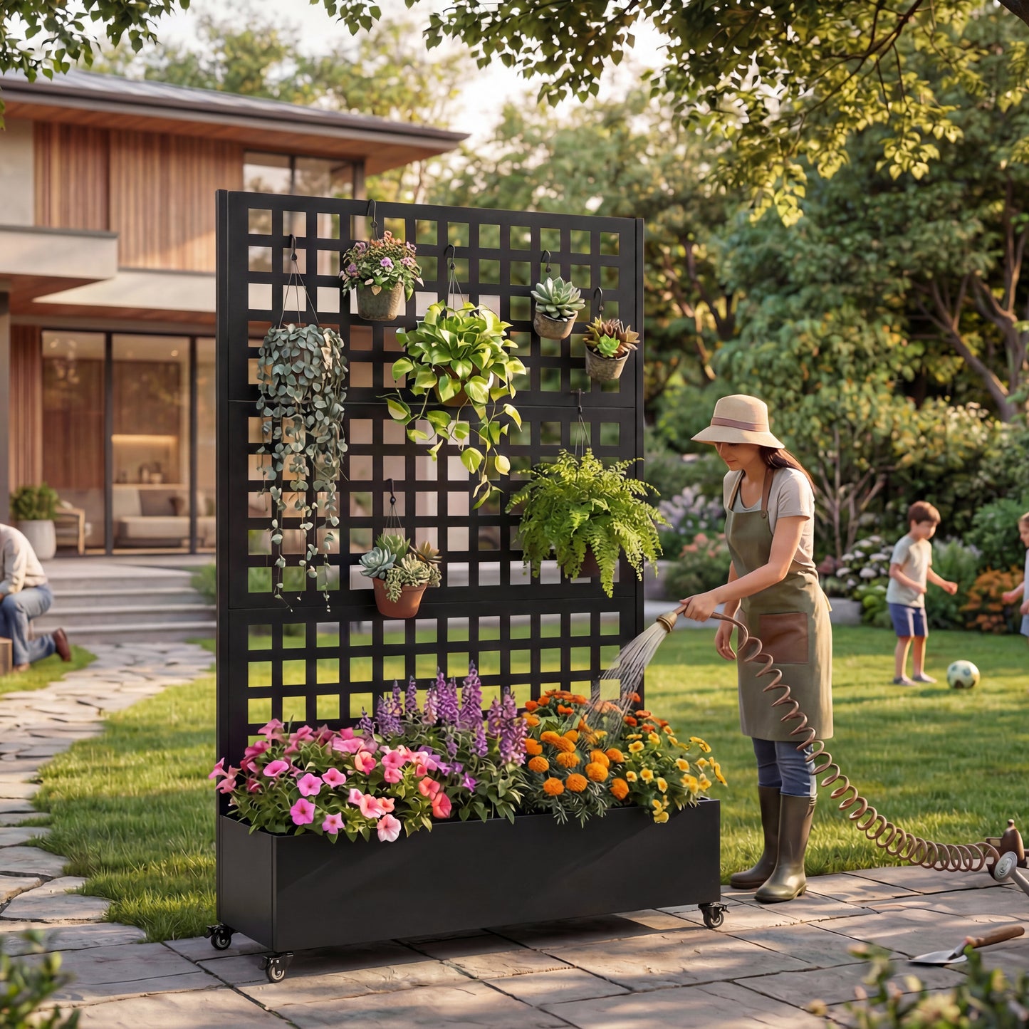 Metal Raised Garden Bed with Wheels and Trellis,73"x47"x16" Planter Box for Climbing Plants, Vegetables & Vines, Features Privacy Screen and Drainage Holes