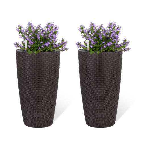 22 in. Brown Outdoor Plastic with Water Level Monitor Inner Bucket Automatic Watering Round Planter (2-Pack)