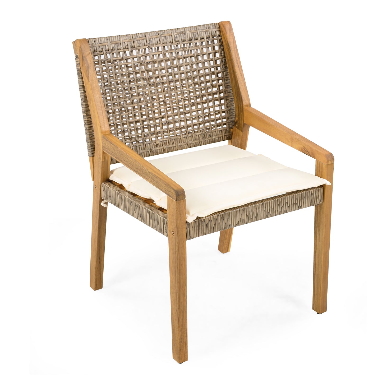 OUTDOOR DINING CHAIR SET-Acacia Wood and Wicker with Cream Cushion Patio Furniture-Teak finish & wicke Brown ,Suitable for large gatherings-set of 6(N770P272397G(3-box))