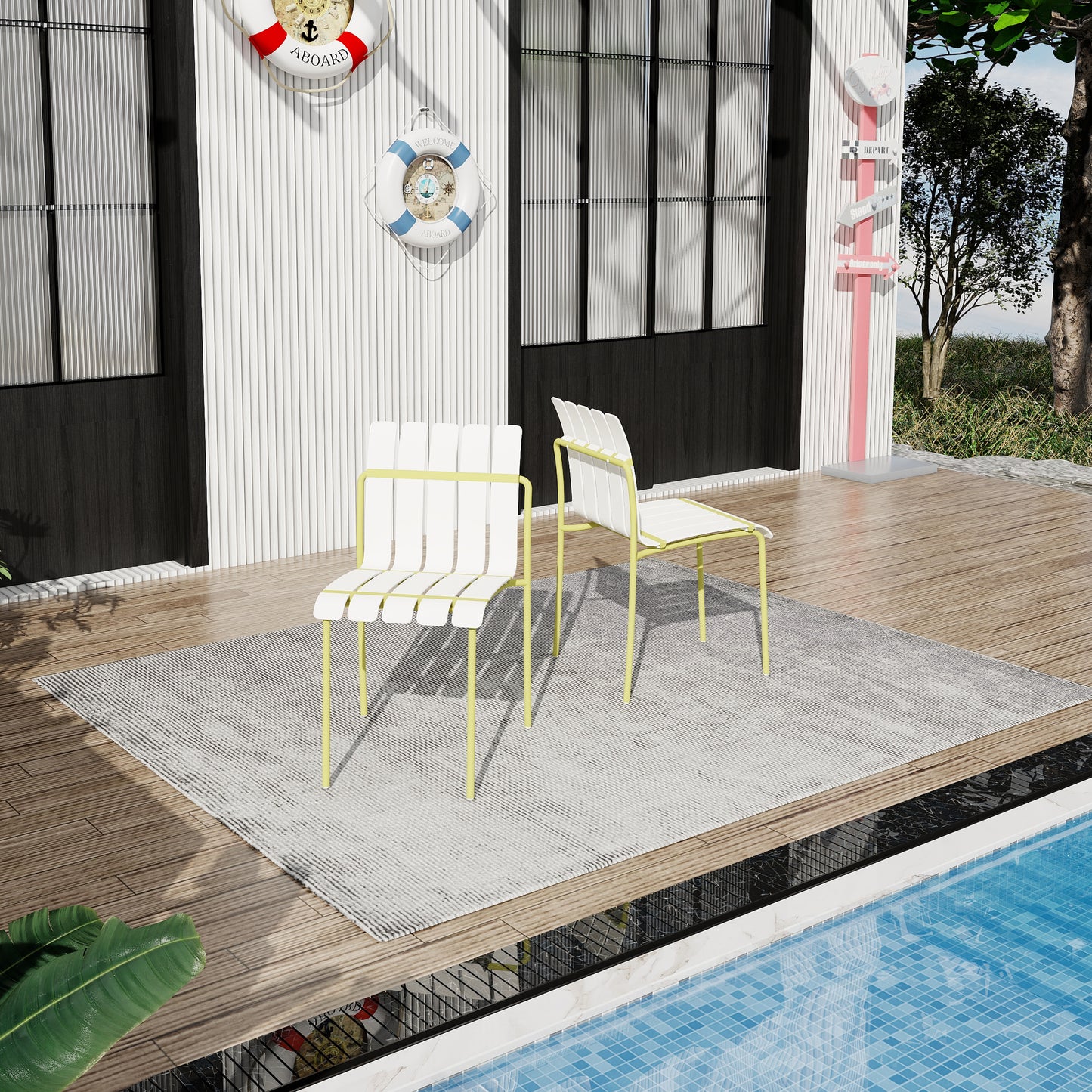 Summer - 4-Pack Modern Striped Color Block Chairs - Waterproof PP Seat & Sturdy Metal Legs, Indoor/Outdoor Dining Set for Patio, Balcony, Café (White & Yellow)