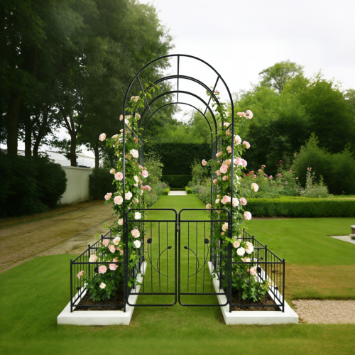 Metal Garden Arbor with Gate 86.6 in. H Black Garden Arch Trellis for Climbing Plants Outdoor, Wedding Arches Decoration