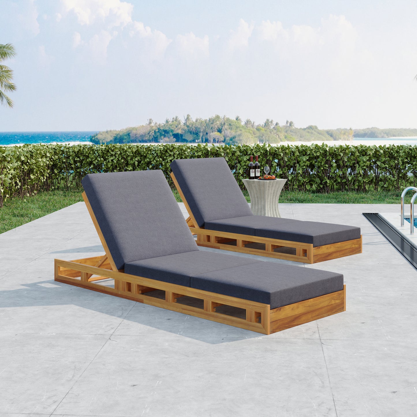LOUNGE CHAISE SET, ACACIA SOLID WOOD WITH LOUNGE CUSHION (DARK GREY & TRIPLE FOLD) - MATCHING CREAM VERSION AVAILABLE