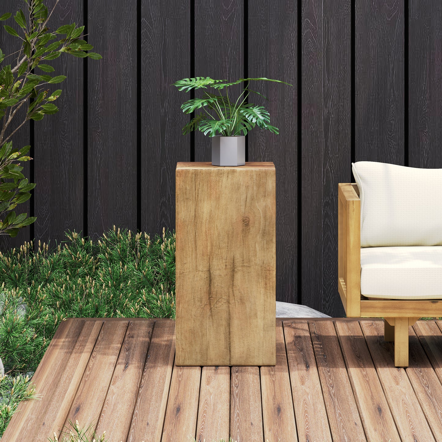Wood-Look Square-Column MGO End Table,  H27.75",Wood-Like Distressed Finish, Mix with Different Heights, Indoor Outdoor Use,Natural Color
