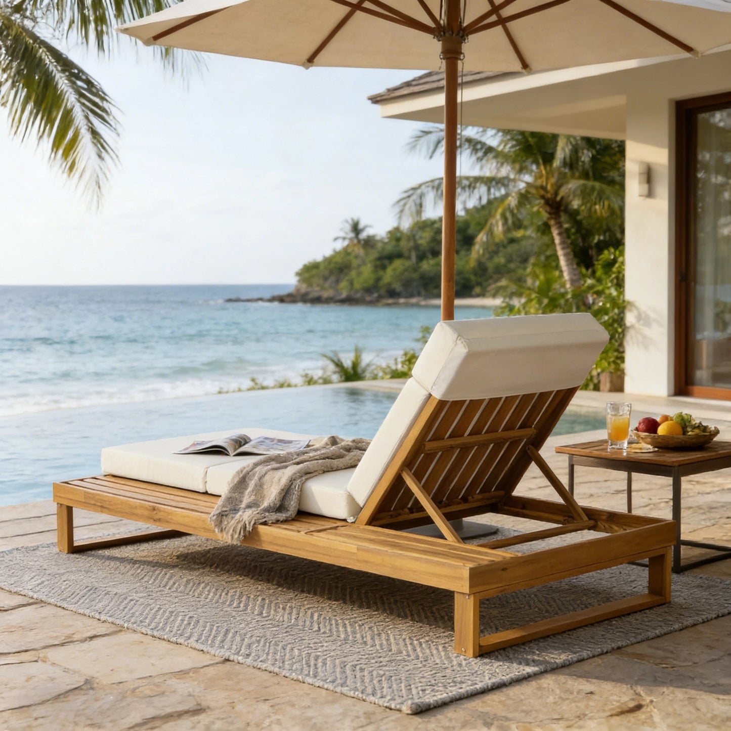 Teak Finish Acacia Wood Chaise Lounge with 4-Inch Beige 4-Fold Cushion Set, Adjustable Outdoor Patio Lounger with Flat Side Surface, for Poolside- Matching cream,dark gray version available