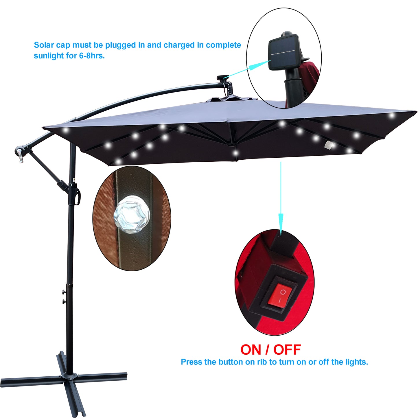 Square 2.5X2.5M Outdoor Patio Umbrella Solar Powered LED Lighted Sun Shade Market Waterproof 8 Ribs Umbrella with Crank and Cross Base for Garden Deck Backyard Pool Shade Outside Deck Swimming Pool