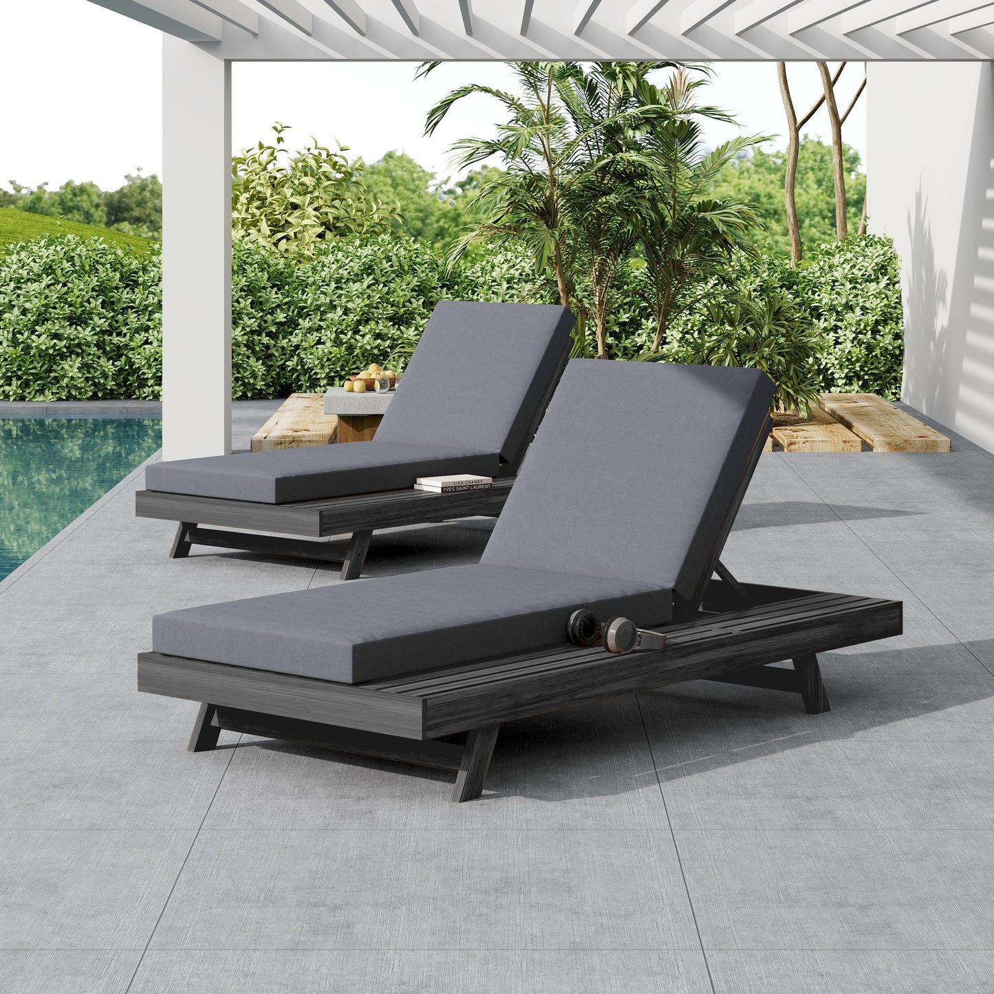 Lounge Chaise Set, Space Available On One Side, Acacia Wood In Black With Water-Resistant Lounge Cushions (Dark Grey & 4 Inch Thick) – Matching Cream Version Available
