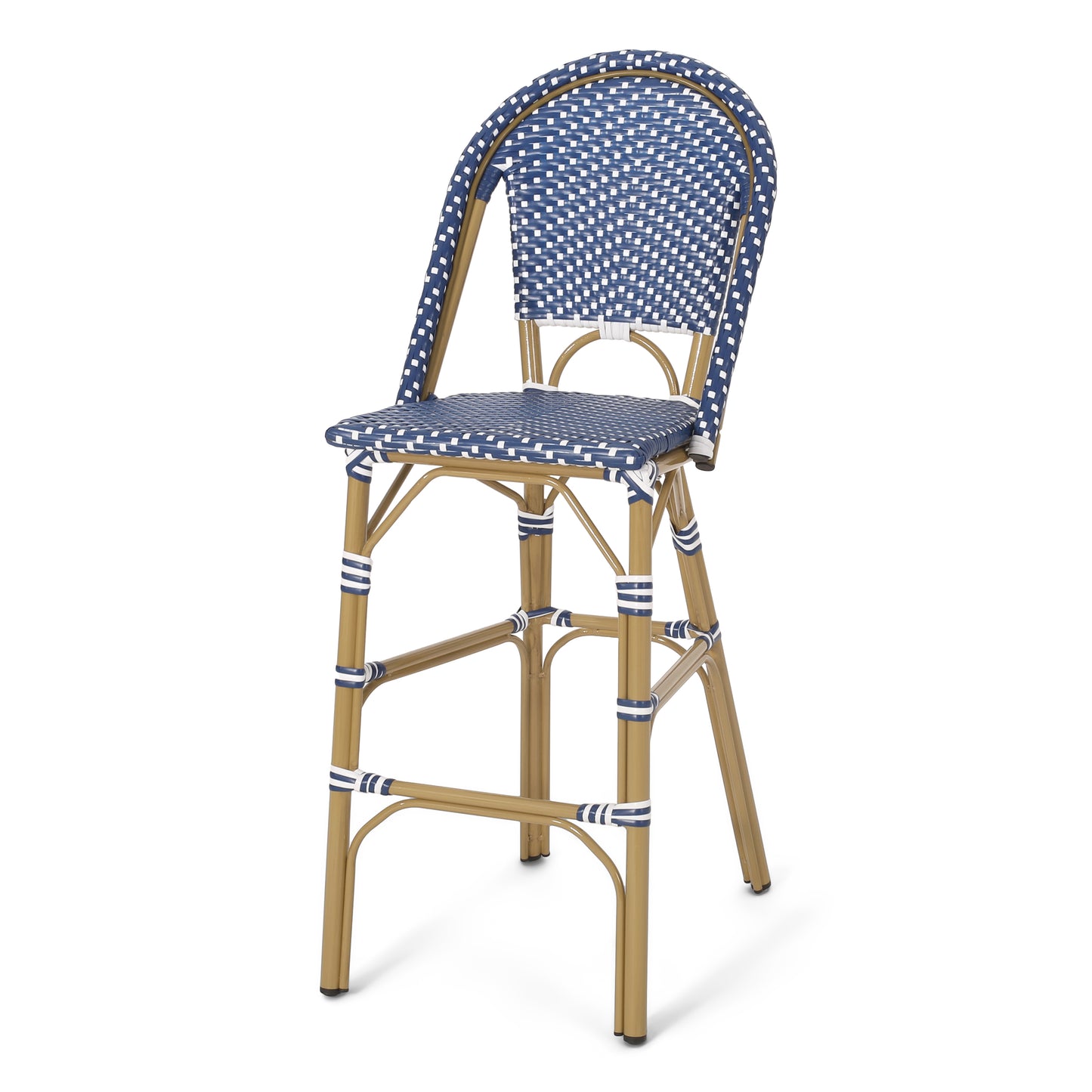 29.5" Outdoor PE Rattan French Barstool, Dark Teal and White, Aluminum Frame with Bamboo Finish (Set of 2)