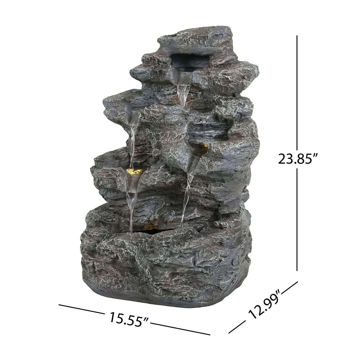 5-Tiered Concrete Tall Slim Fountain, 23.85"H –LED-Lit Column, Space-Saving Modern Outdoor Accent, All-Weather Resistant