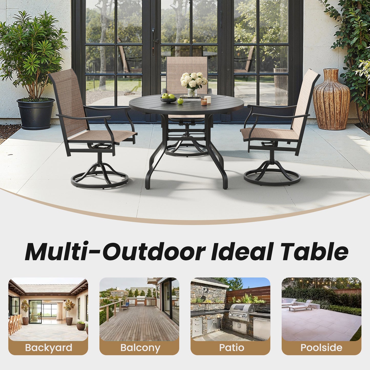 Round Outdoor Dining Table, 41" Round Patio Table Wood-Like Grain with 1.57" Umbrella Hole, Metal Outdoor Dining Tables for Backyard and Poolside